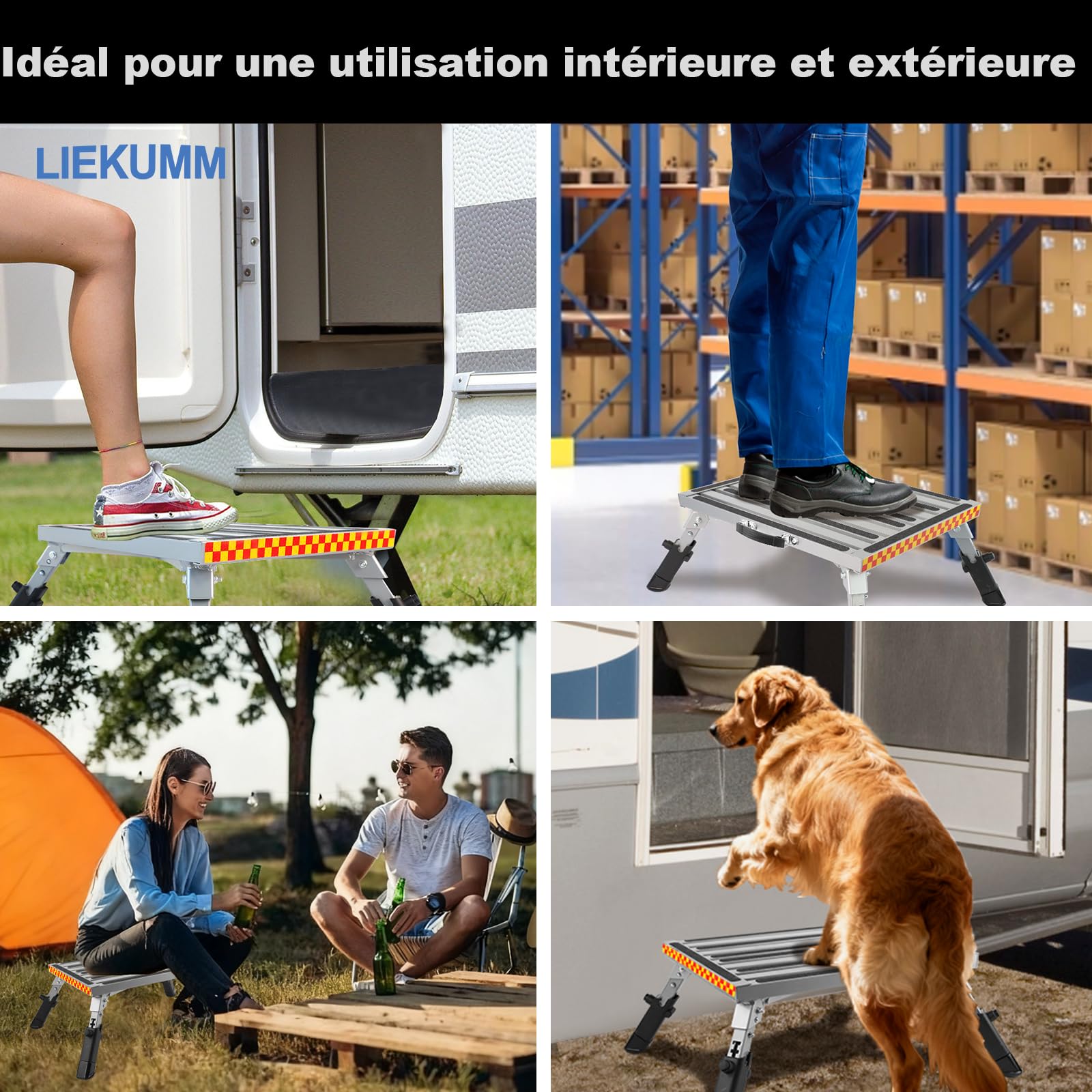 LIEKUMM Marche Pied Pliable, 48 x 37 cm Plate Forme en Aluminium Surface en antidérapante, Capacité 450 kg Marchepied pour la Cuisine, Camping Car, SUV, RV