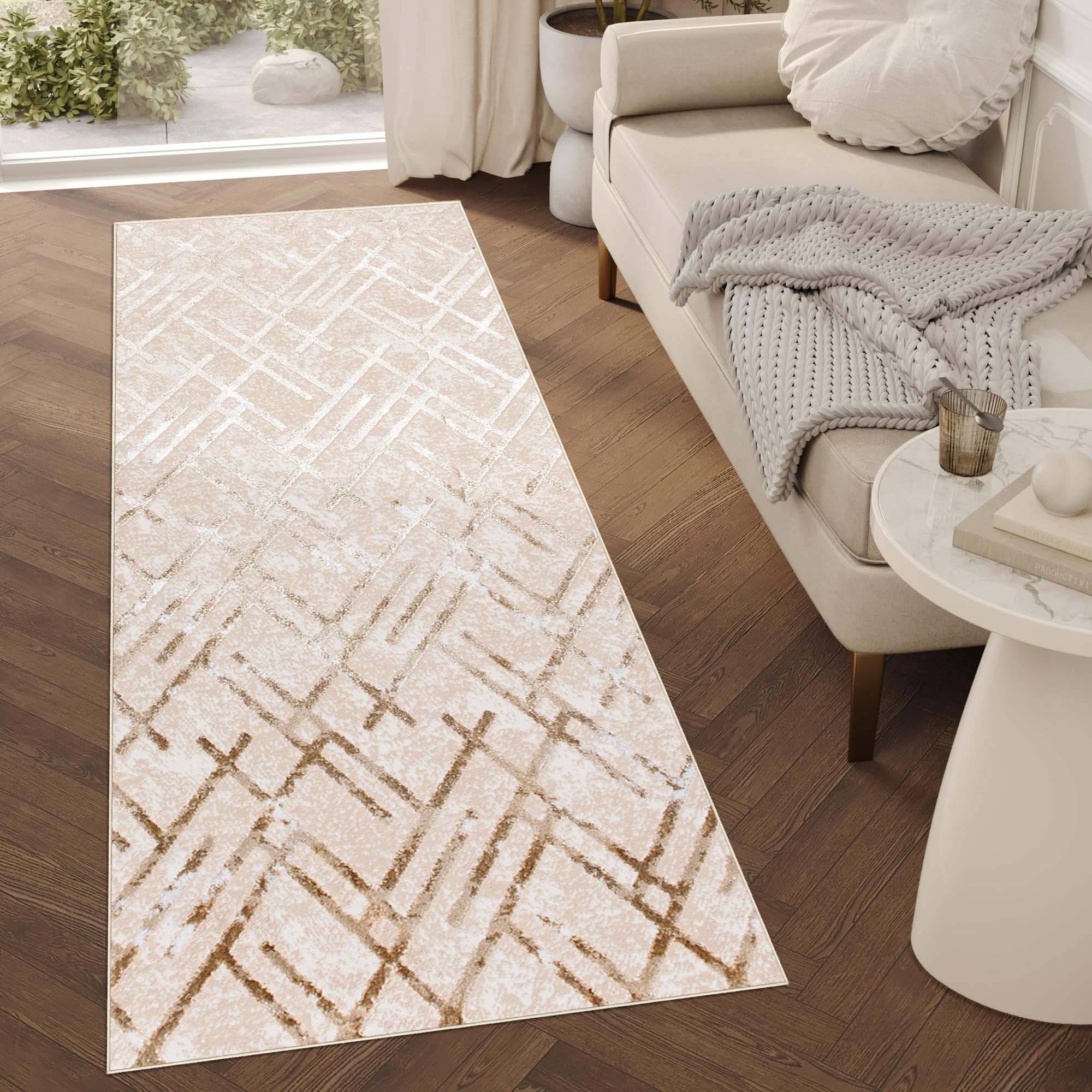 TAPISO Crystal Läufer Teppich Glänzend Gold Beige Creme Linien Figuren Zigzag Wohnzimmer Schlafzimmer Flur Korridor Modern Design ÖKO-TEX 80 x 400 cm