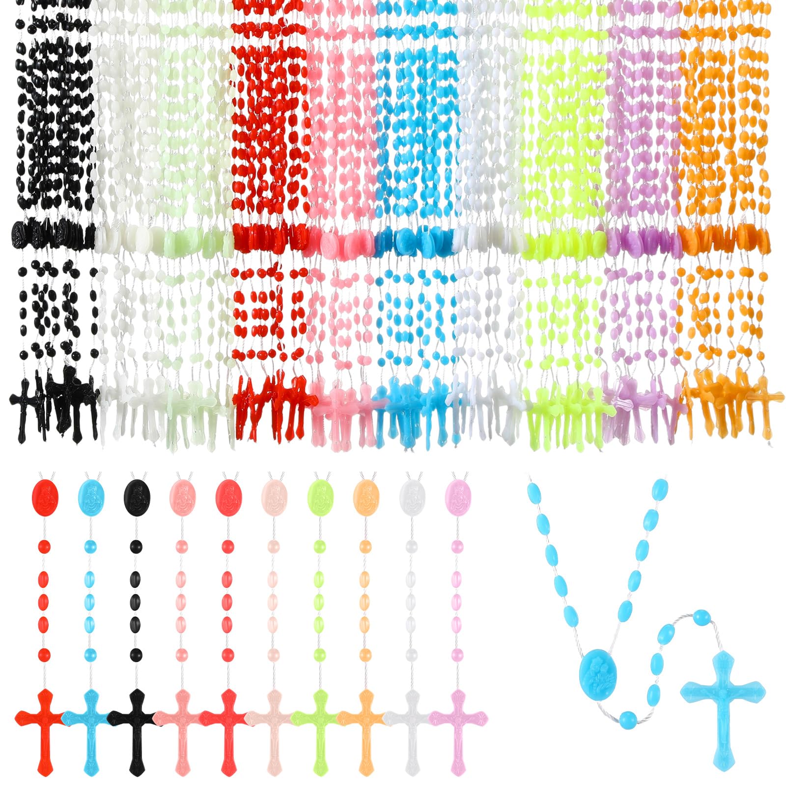 Meooeck 100/200/300/400 Pack Plastic Rosary Cross Necklaces Bulk Catholic Prayer Bead for Church Welcome Gifts Religious Party Favor