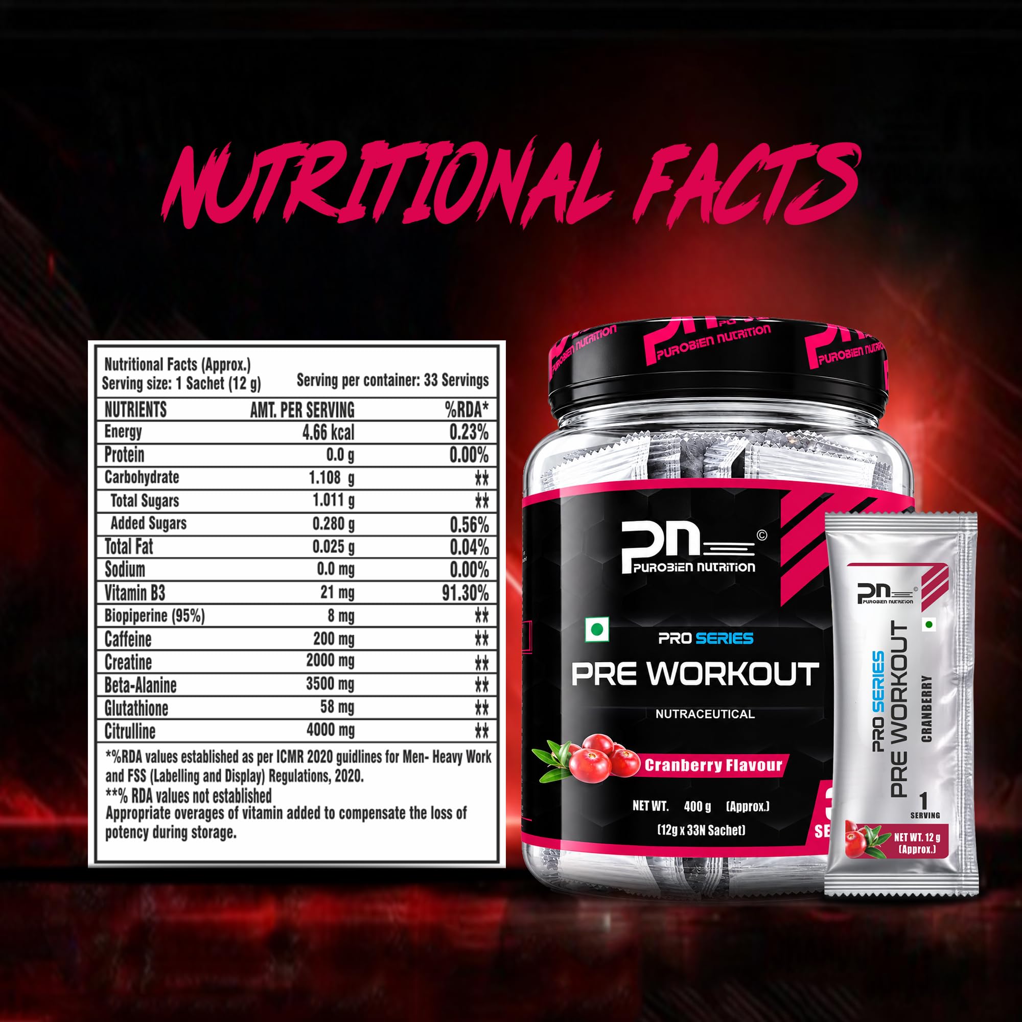Pre Workout For Men, Cranberry 400 GM, 200Mg Caffeine, 3500Mg Beta Alanine, 4000Mg Citrulline, 2000Mg Creatine,33 Servings, Powder,Pack of 1 — Amazon image 9