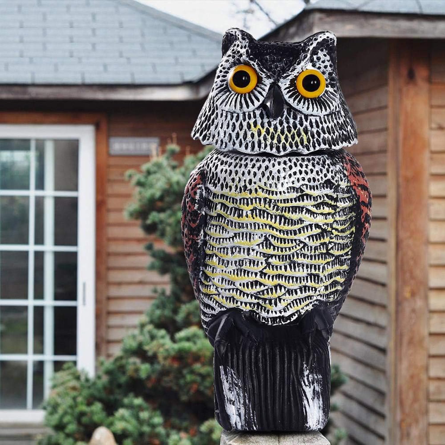 1x Gufo Statue Plastica Gufo Giardino Esterno Realistico di Azione del Vento con 360 Teste Rotanti Patio Decorazioni Spaventapasseri Uccello Repeller Scaccia Piccioni