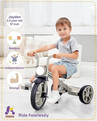Miniatura 8 de KRIDDO Triciclo para niños, rueda sin pinchazos de 12 pulgadas con luz delantera, altura de asiento ajustable, regalo para niños de 2 a 5 años,