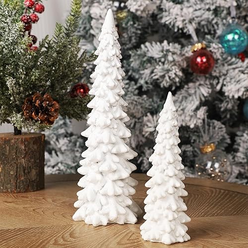 Juegoal Juego de 2 decoraciones de mesa para árbol de Navidad, pinos de Navidad con purpurina blanca de 9.5 pulgadas, adornos de nieve de invierno,
