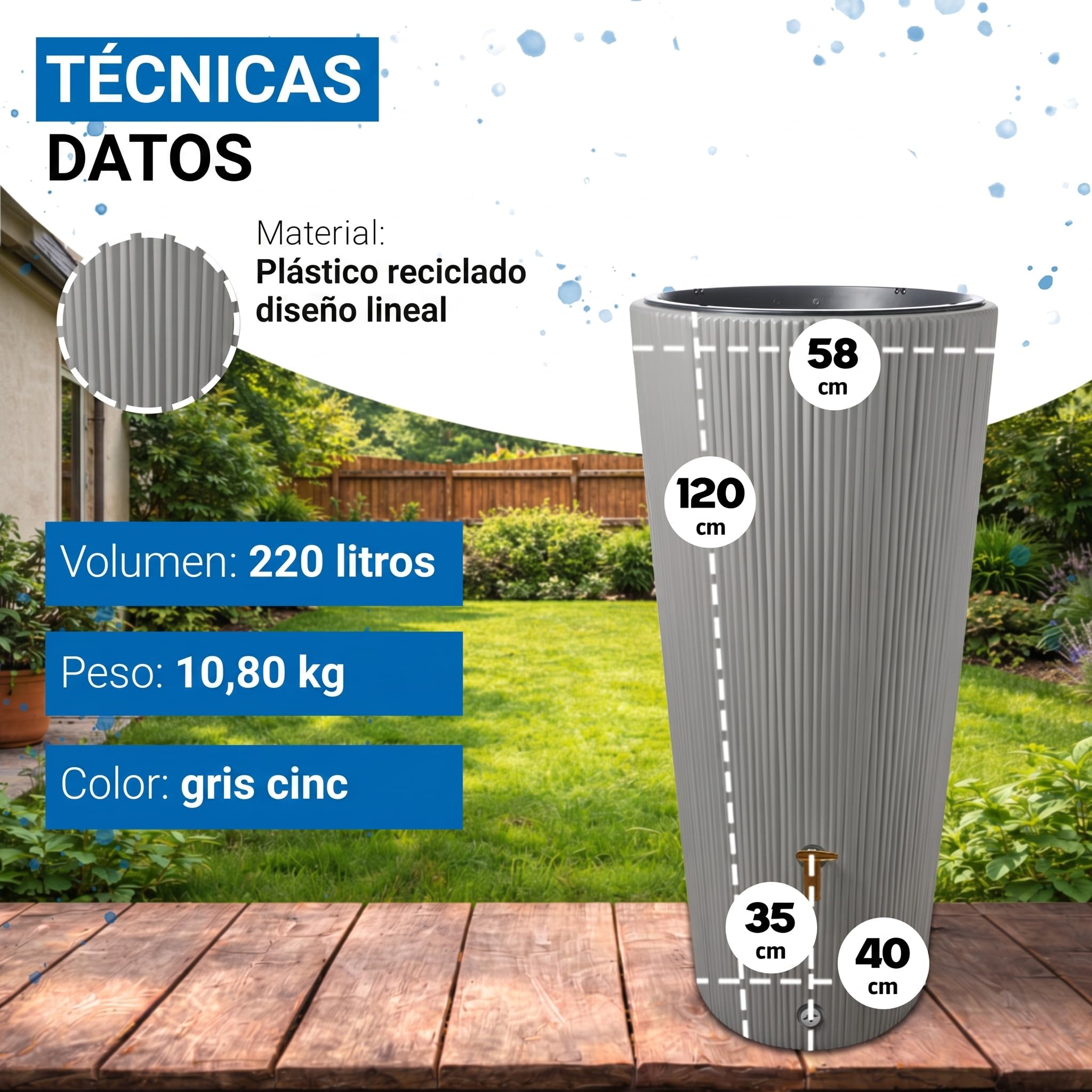 4rain Vaso 2en1 Decor depósito de Agua de Lluvia 220 L Gris Zinc Incl. Grifo de plástico y conexión al bajante | Incluye grifo de plástico y conector de bajada, forma delgada para el jardín, barril de lluvia vegetal