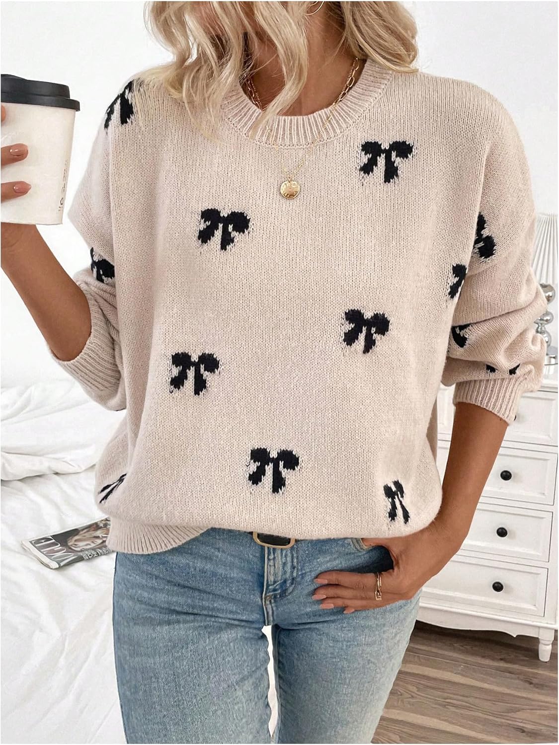 Women's Y2K Bow Sweater Cozy Fall Winter Sweaters Christmas Knit Crewneck Long Sleeve Drop Shoulder Pullovers - Image 3