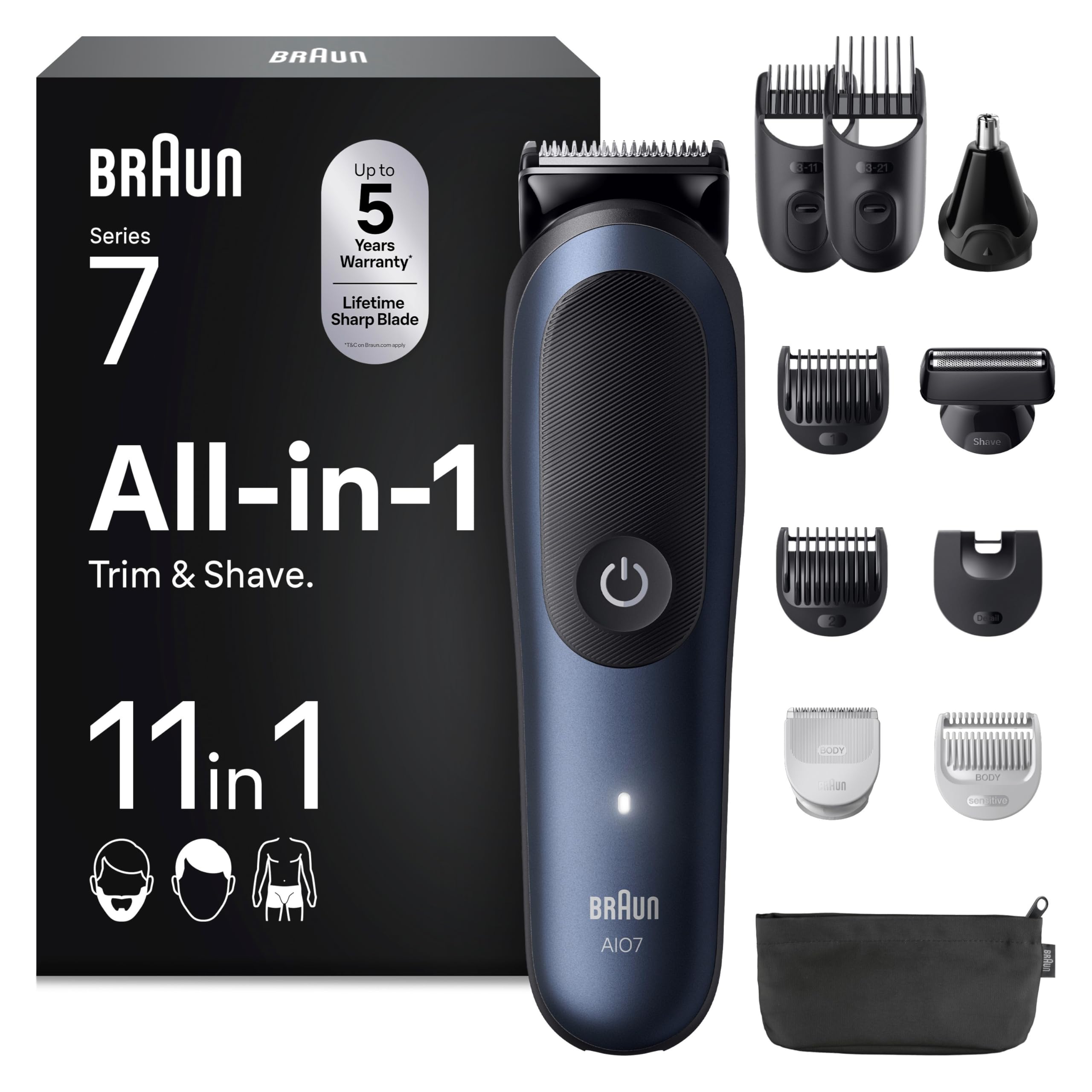 Braun Series 7 All-in-One Clipper, 11-in-1 Kit, ProBlade AutoSense, 120 min runtime, SkinGuard protection, Gradient beard, Convenient AquaGrip handle underwater, AIO7540, blue - 1