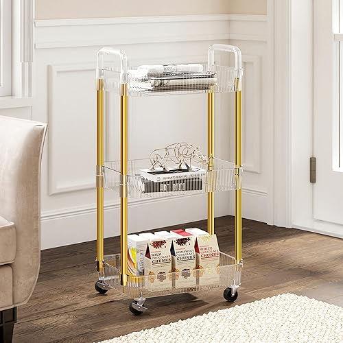 Miniatura 3 de Carrito rodante de 3 niveles, carrito de maquillaje con ruedas, carrito de aperitivos, PET y carrito rodante de metal para sala de estar, cocina,