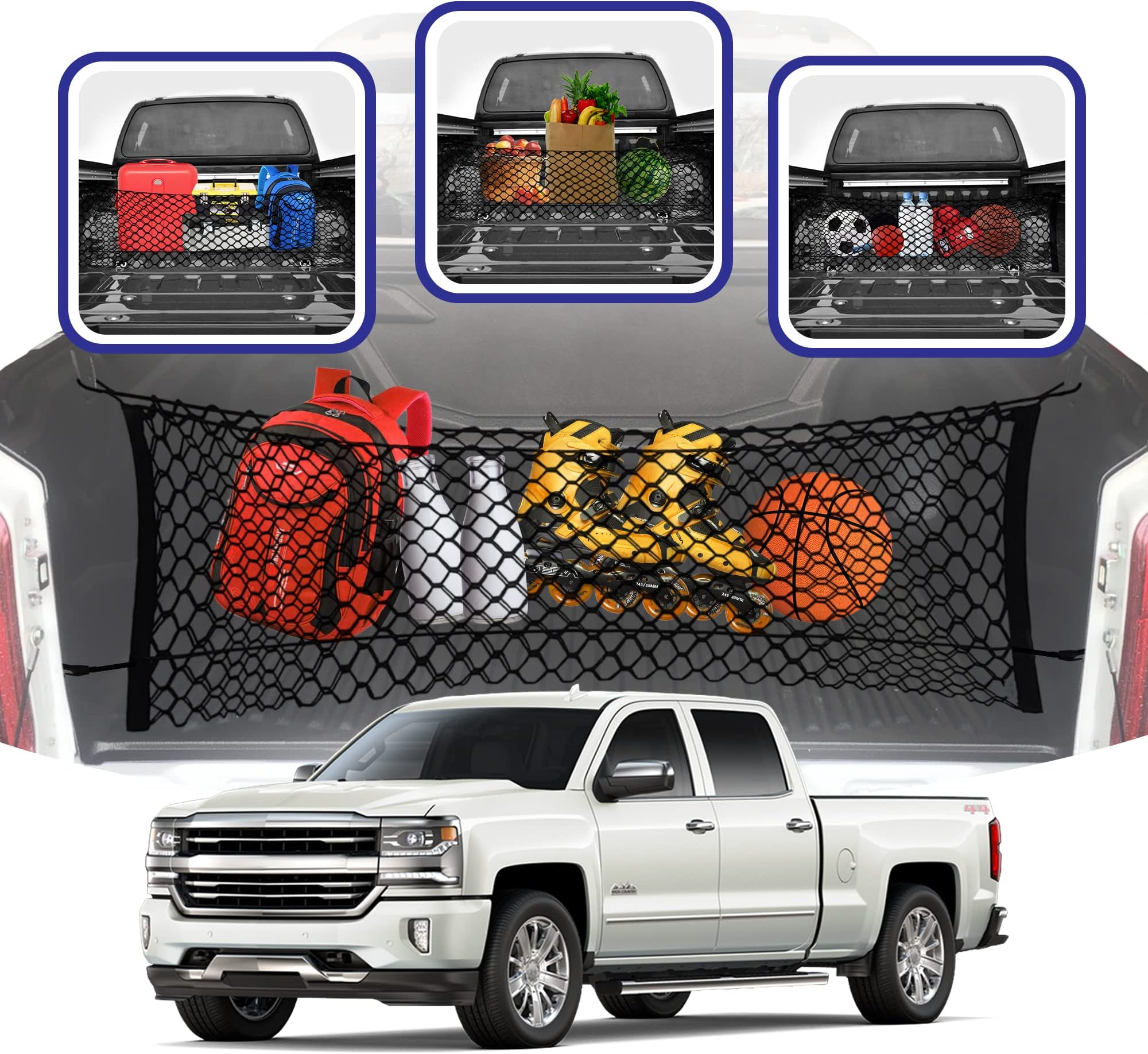 Envelope Style Trunk Mesh Cargo Net for Chevy Silverado Accessories 2013-2024 - Premium Trunk Organizers and Storage - Cargo Net for Pickup Truck Bed - Truck Bed Net for Chevy Silverado