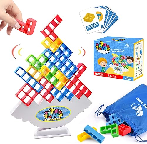 Tetra Tower Balancing Stacking Toys, 48PCS Board Games for Kids & Adults, 2 players Balance Game Team Building Blocks STEM Toy with Storage Bag,