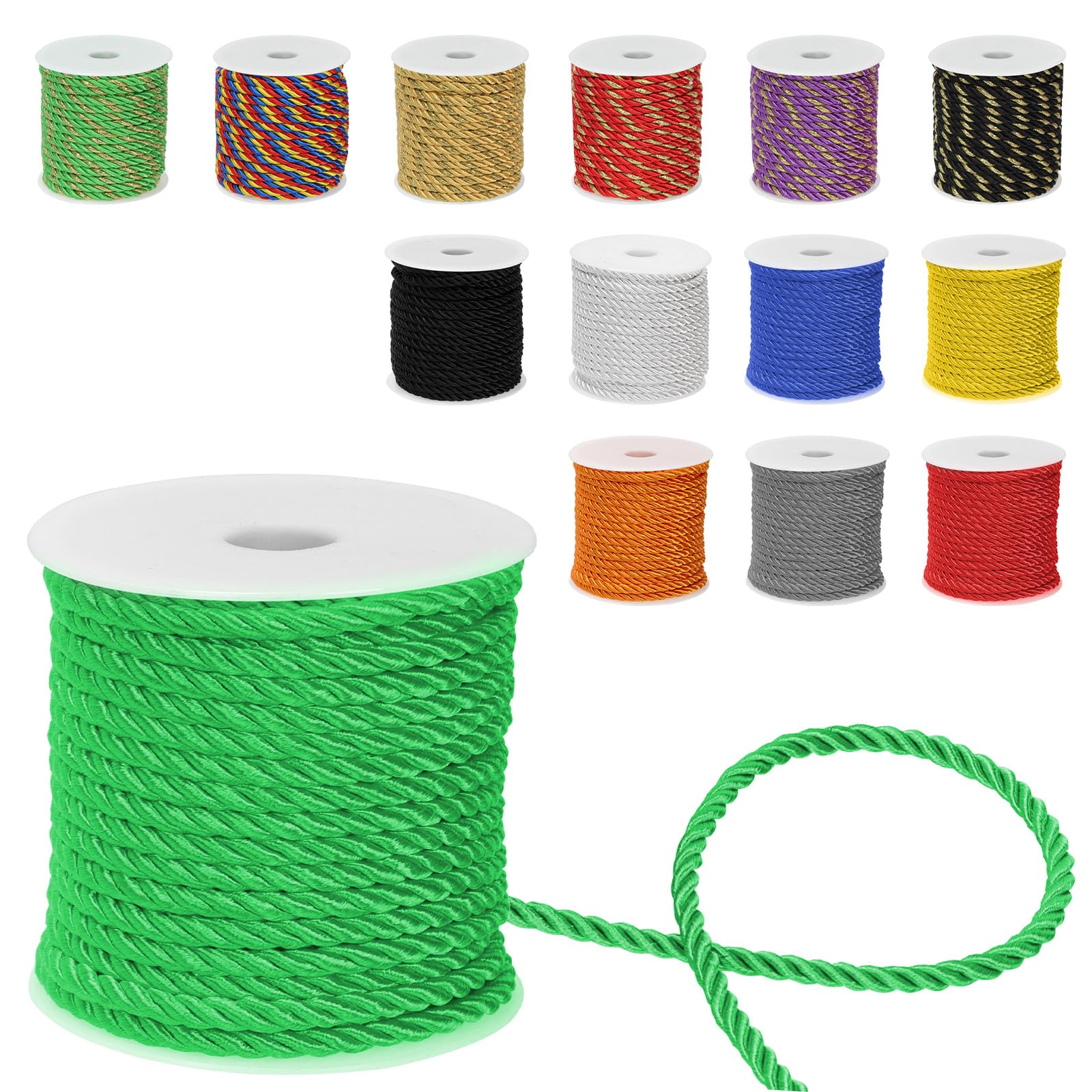 Mardatt 1Pcs 5mm x 18m 3-Ply Twisted Cord, Twisted Silk Rope Cord Polyester Braided Decorative Rope for Home Decor, DIY Crafts, Curtain Tieback, Green