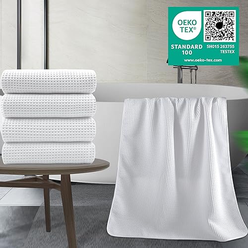 Miniatura 5 de POLYTE Toalla de baño de microfibra de secado rápido sin pelusas, 60 x 30 pulgadas, paquete de 4 (color blanco, tejido de gofre)