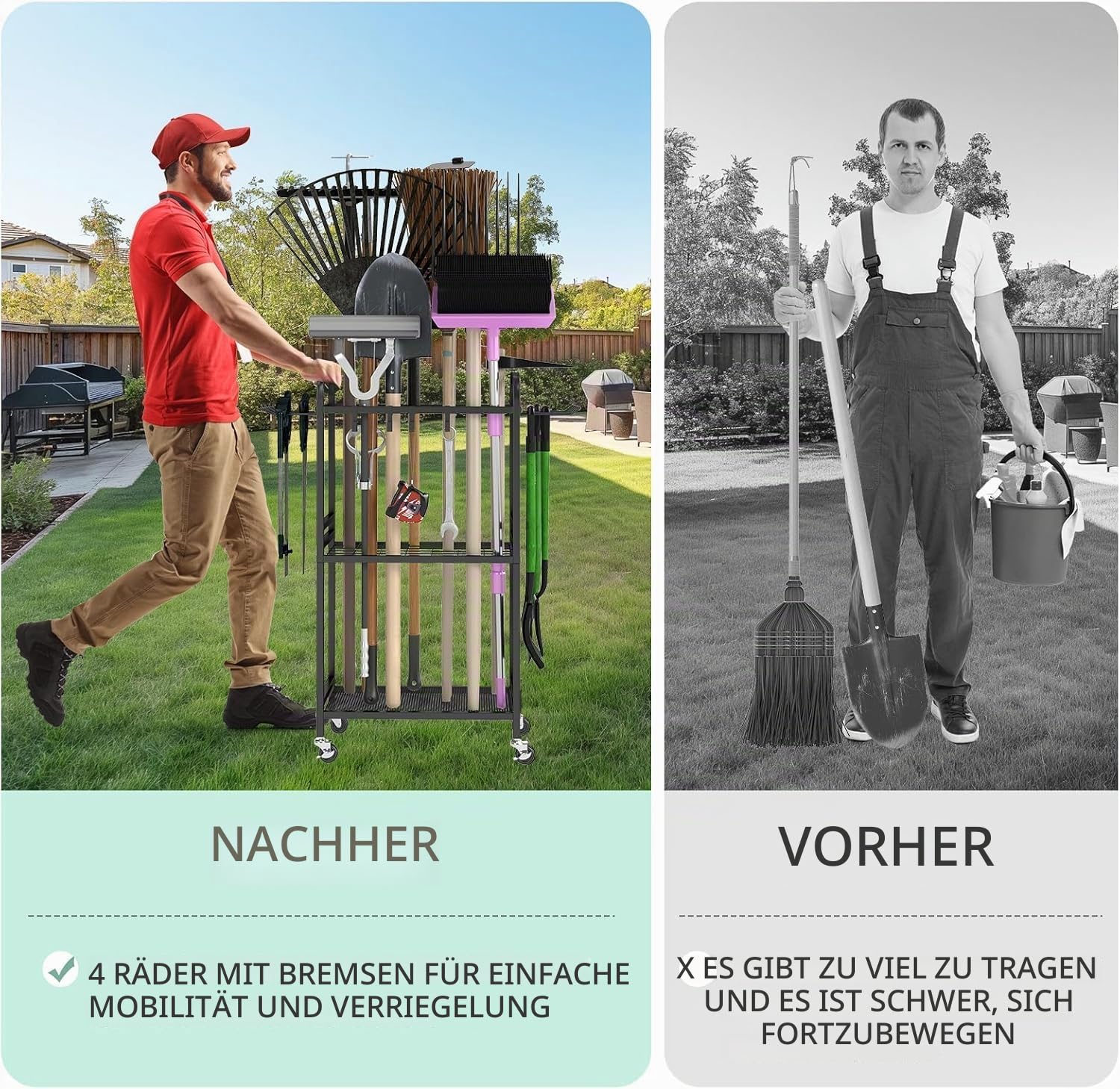 Gartengerätehalter Stehend mit 35 Schlitzen & Stahl-Gitterrost – Stabiler Gartengeräte Aufbewahrung Ständer mit Haken, Robustes Stahlregal für Schaufel, Rechen, Besen – Platzsparende Aufbewahrung