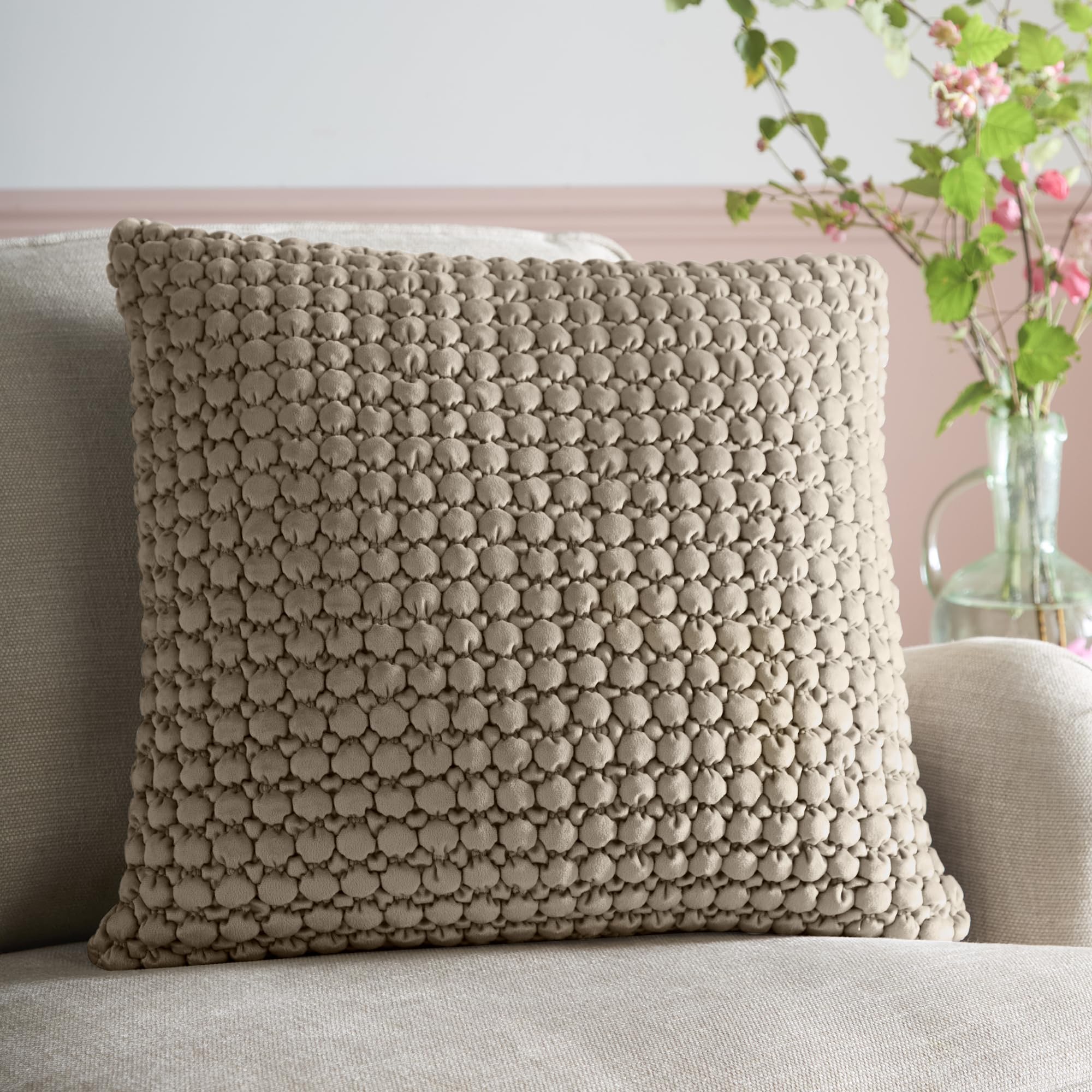 Appletree Heritage Bobble Velvet Filled Cushion 55 x 55cm – Natural Decorative Scatter Pillow with Soft Textured Velvet Cover and Raised Bobble Detailing, Stylish Accent Cushion for Sofa or Bed