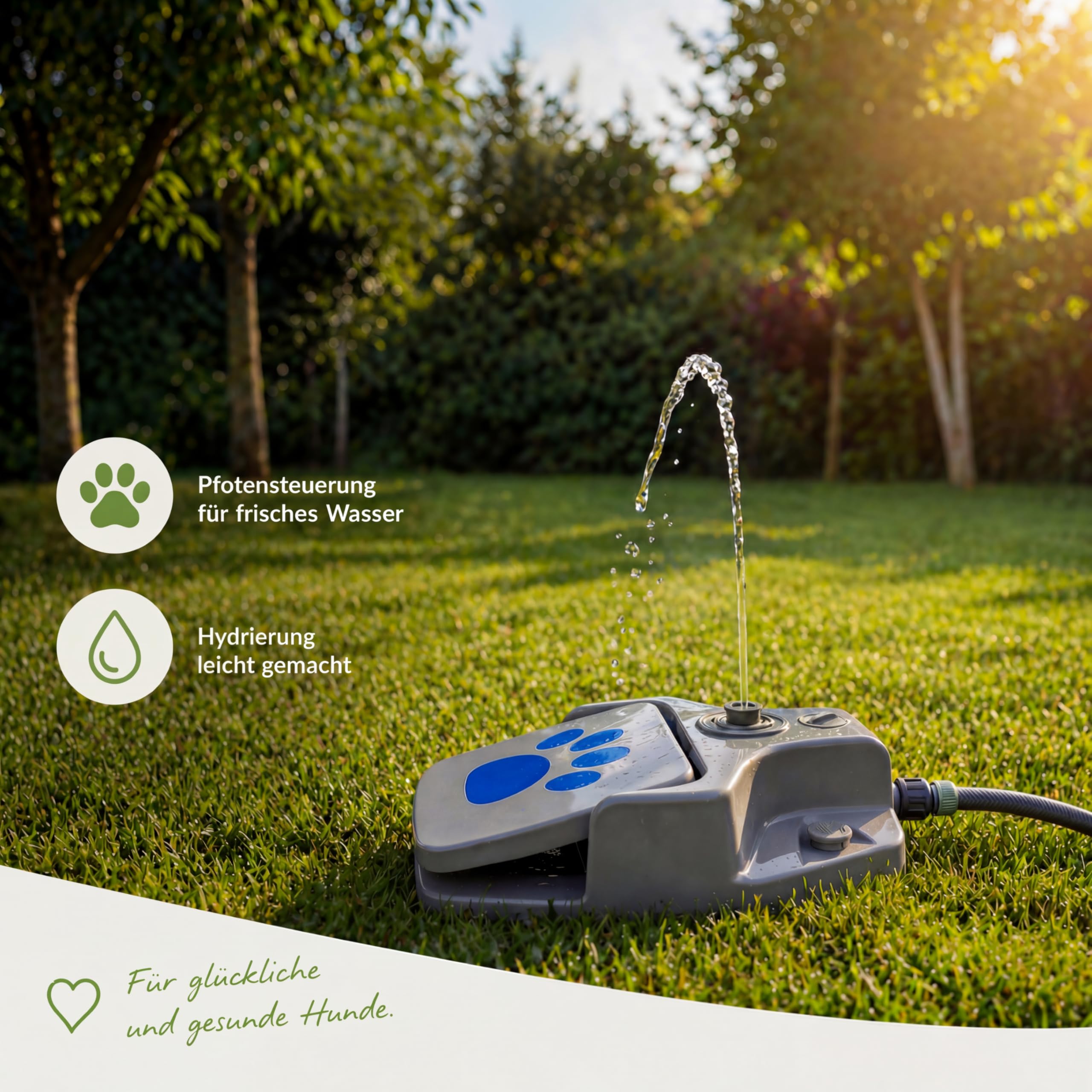 Trinkbrunnen für Hunde – Interaktives Wasserspielzeug Hund mit 3 Sprühstufen – Hunde Wasserspielzeug mit Gartenschlauch Anschluss – Outdoor Splash Spielzeug Garten