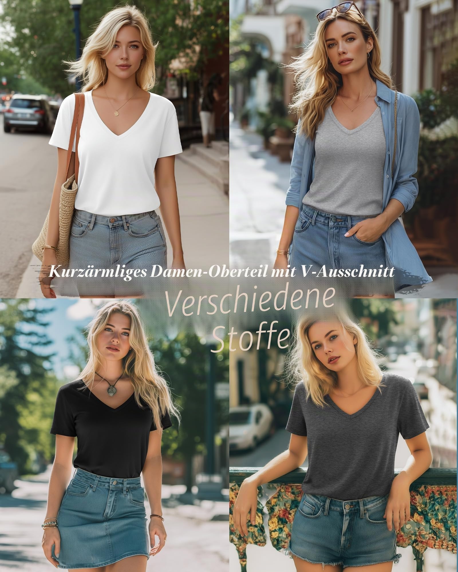 Neer 4er Pack Damen T-Shirts V-Ausschnitt Kurzarm Sommer Casual Tops Lockere Passform Gerader Saum Basic