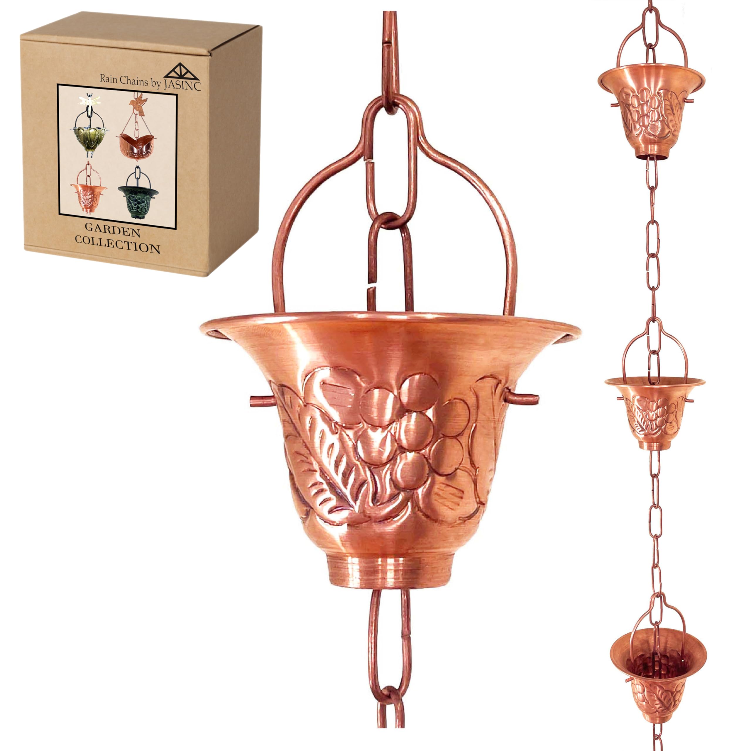 8.5 ft Grape Leaf Vineyard Cups Pure Copper, to Replace Roof Gutter Downspout, with Installation Kit, Rainwater Catcher/Water Diverter, JAS8005C