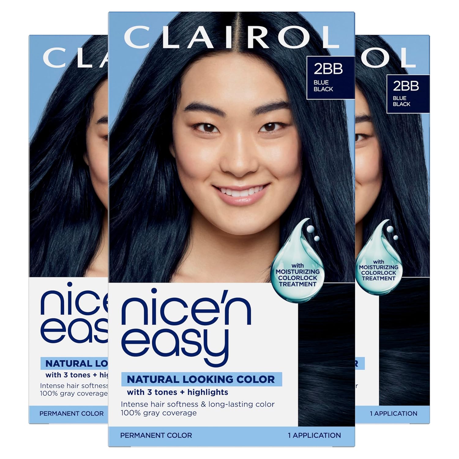 Clairol Nice'n Easy Permanent Hair Dye, 2BB Blue Black Hair Color, Pack of 3 - Packaging May Vary