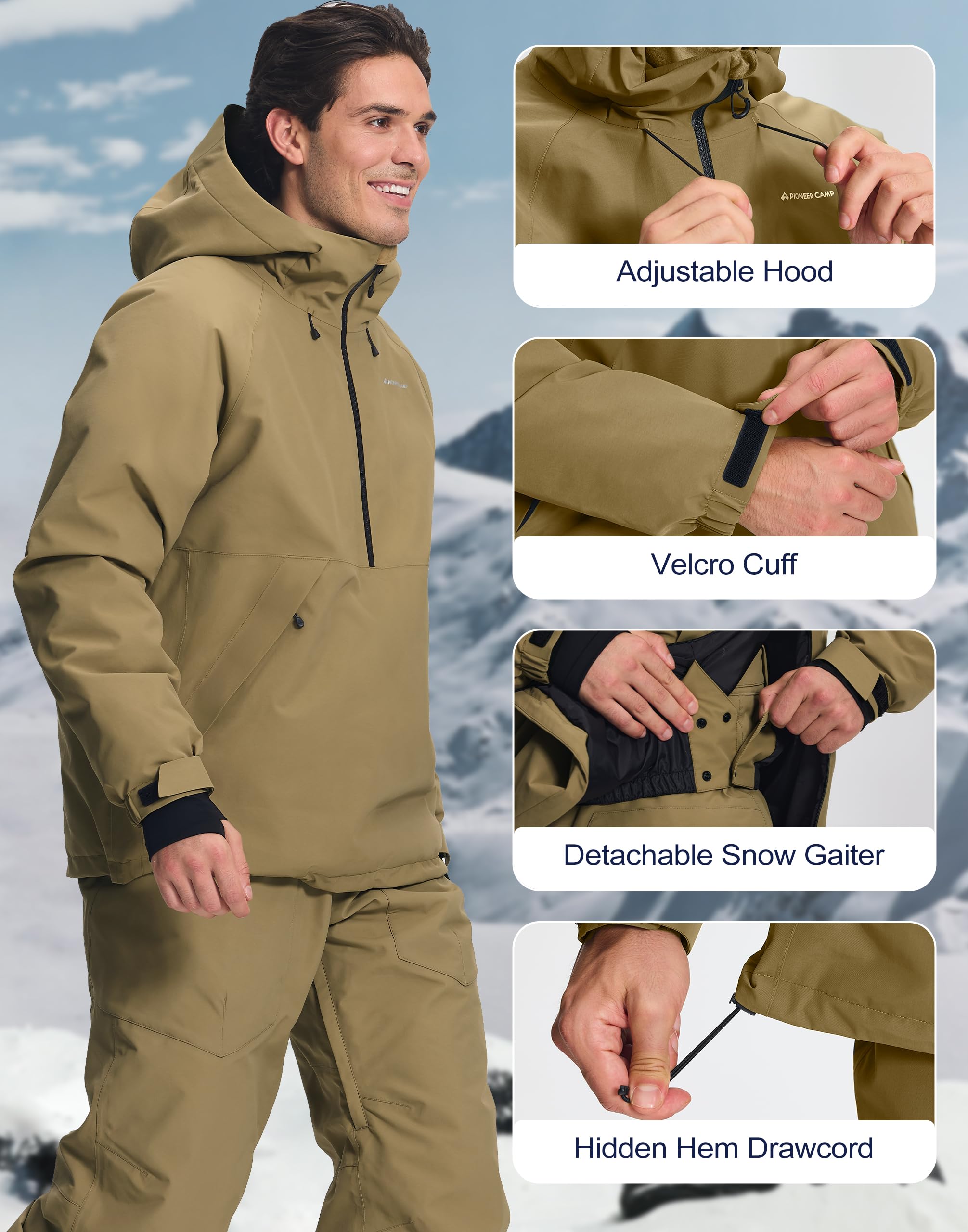Pioneer Camp Giacca da sci semi-frontale da uomo, con colonna d'acqua di 10000 mm, impermeabile e traspirante (7000 g), giacca da sci e snowboard con collo da neve rimovibile, cappuccio regolabile