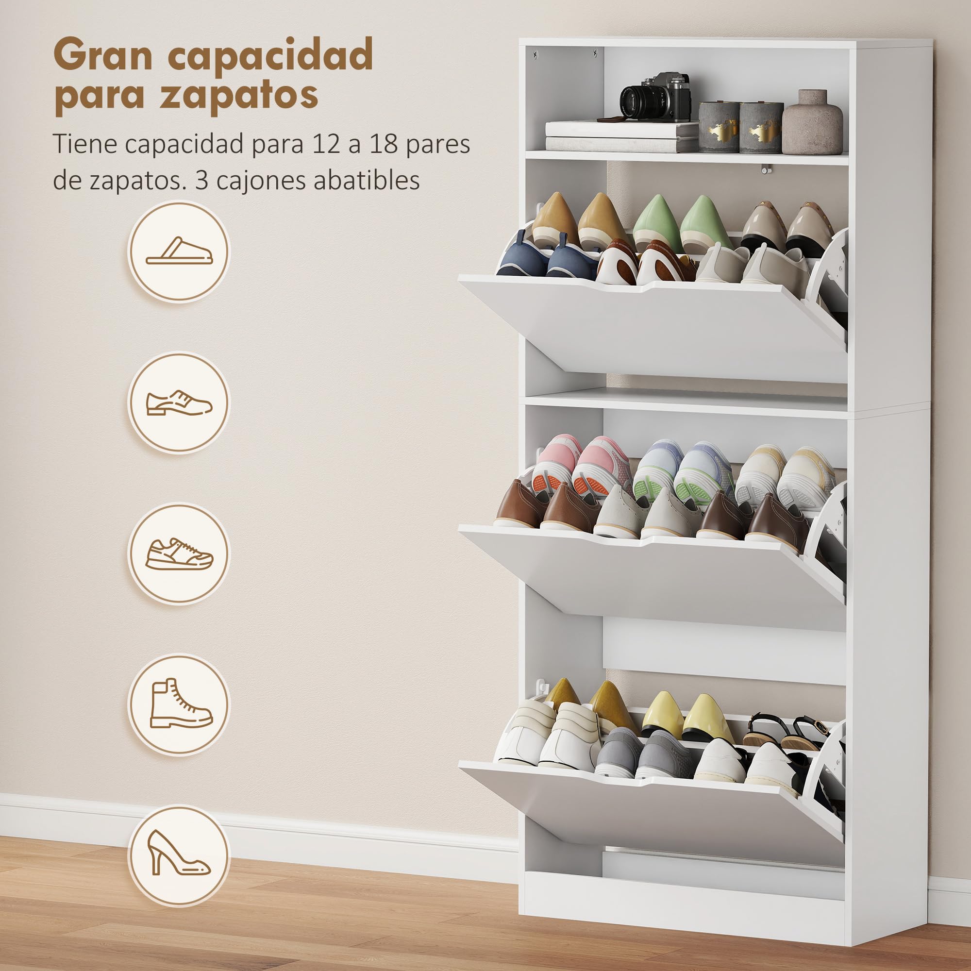 HOMCOM Zapatero Estrecho con 3 Cajones Abatibles para 12-18 Pares Blanco | Zapatero Entrada Recibidor Alto, Estantes Ajustables, Compartimento Abierto