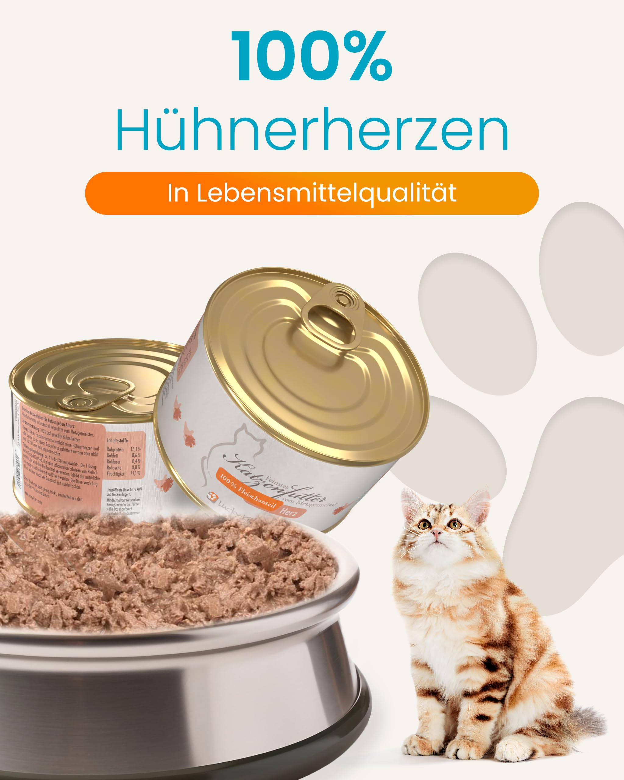 Lucky-Kitty Katzenfutter Nass 100% Hühnerherzen, Ohne Zusätze, 16 x 200g | Ohne Getreide & Zucker, Frisch vom Metzger, Für Katzen & Kitten, Nährstoff- und Vitaminreich, Made in Germany