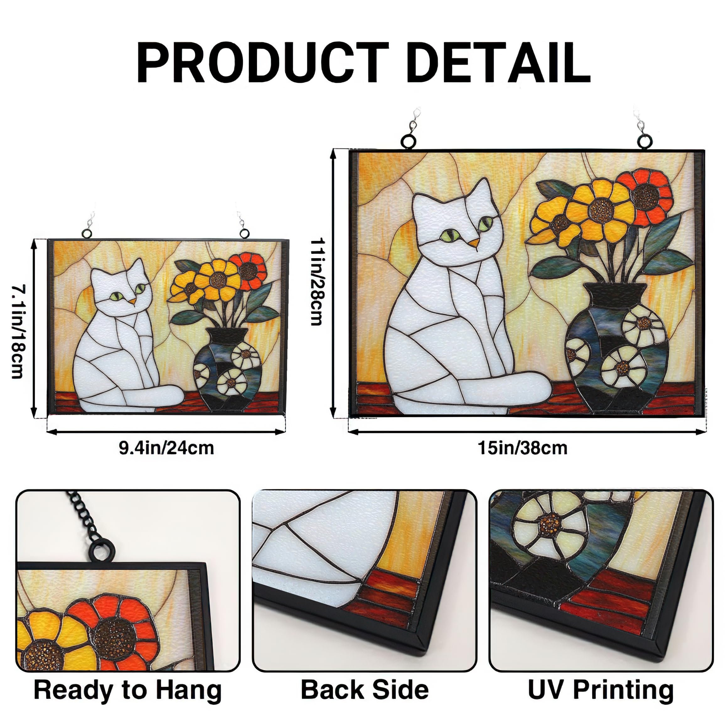 365CUSGIFTS Customized Rectangle Mosaic White Cat by The Vase Stained Glass Window Hanging, Suncatcher for Women, Stained Glass Window Decor Perfect Home Décor