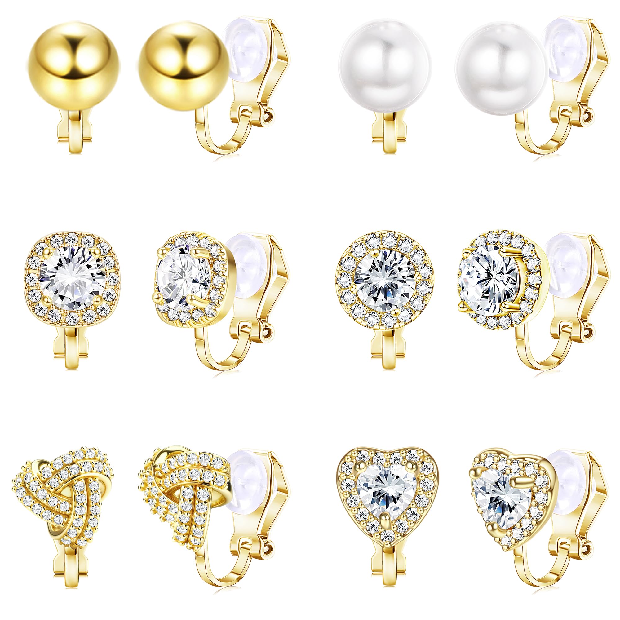 Florideco Clip on Earrings for Women 14K Gold Plated Cubic Zirconia Clip On Stud Earrings Non-Pierced Twist Knot Simulated Pearl Heart Earring Set