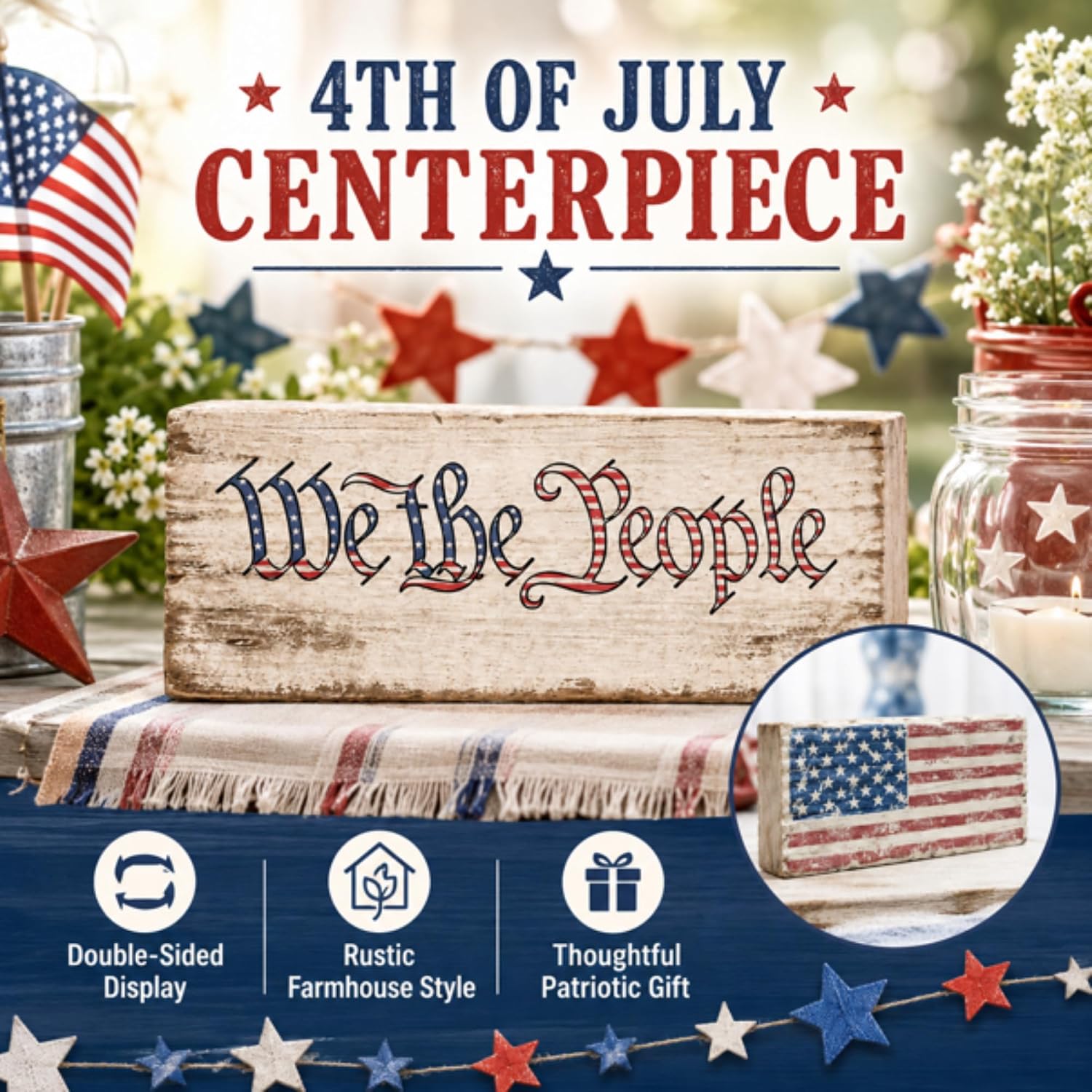 Pinkunn 1 Pcs 4th of July Table Decorations Vintage Wooden Patriotic Tabletop Decoration Independence Day Tiered Tray Decor Farmhouse American Flag Block Sign Double Sided Centerpieces for Home Office