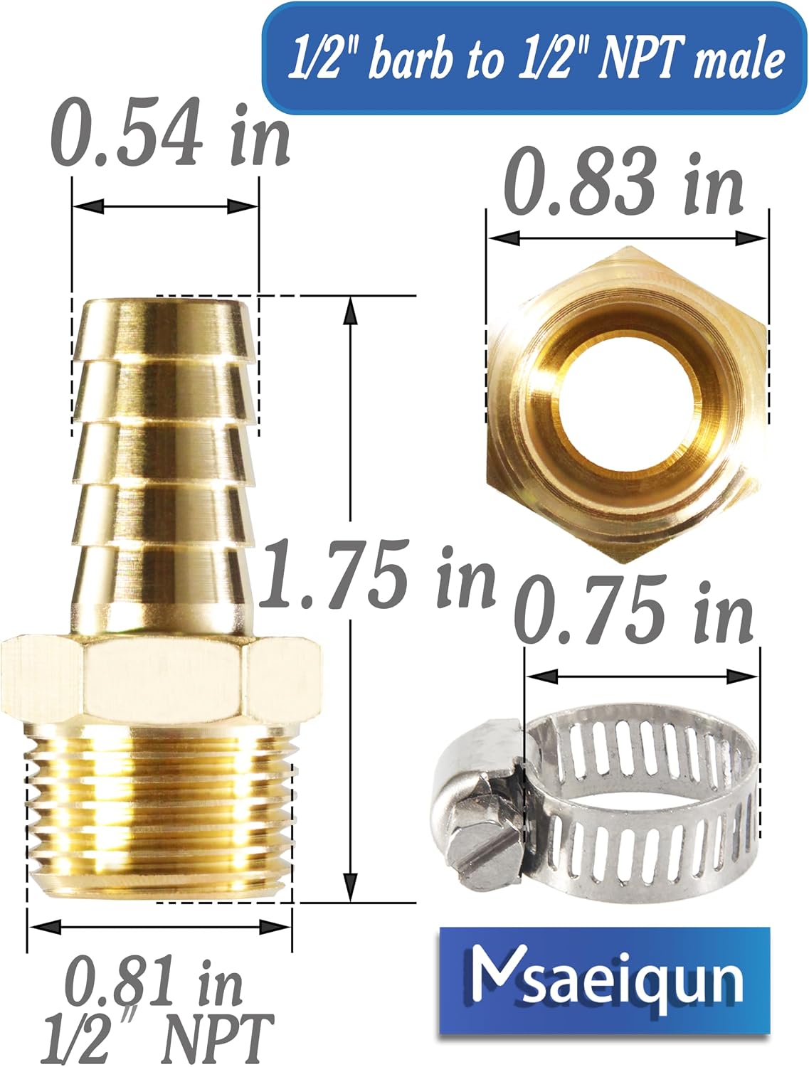 1/2" Barb x 1/2" NPT Brass Hose Barb Fittings with clamps | brass construction with stainless steel hose clamps; suitable for air, fuel, gas and oil line connections.10-Pack