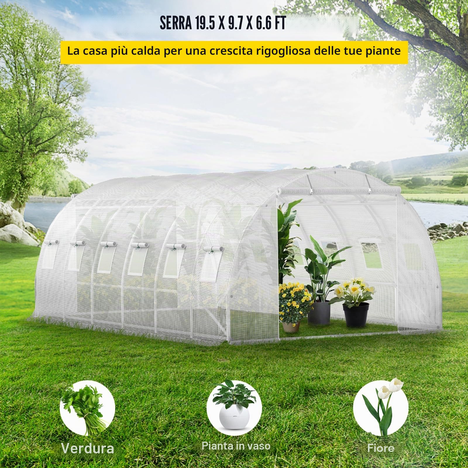 VEVOR Serra da Giardino per Piante a Tunnel Impermeabile con 12 Finestre e Porte 6,1 x 3 x 2,1m, Serra a Tunnel da Esterno Impermeabile in Acciaio Zincato Copertura PE 30,6 kg, Serra a Tunnel Bianco
