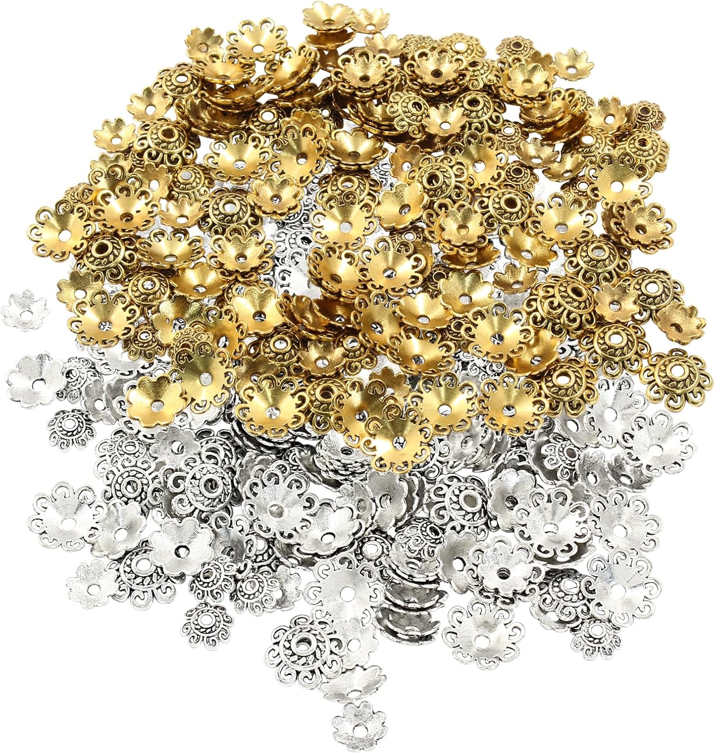 Hitefu 240pcs Delicate 8mm/10mm/12mm Spacer Beads Assortment, Bali Style Flower Bead Caps for Valentine's Day, Birthday & Wedding Jewelry DIY (Antique Gold & Tibetan Silver)