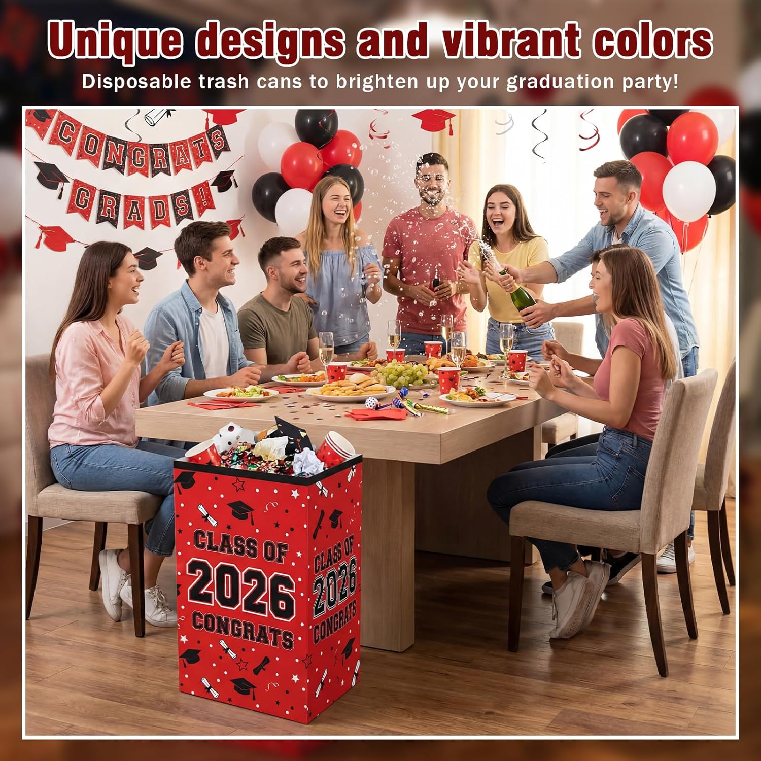 Tinlade 6 Pack 2026 Red and Black Graduation Decorations 13 Gallon Disposable Trash Cans Class of 2026 Party Garbage Bins, Large Waterproof Foldable Recycle Pop up Bins for Graduation Party, School