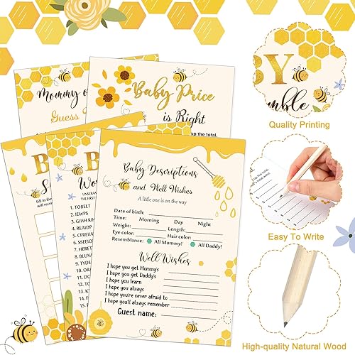 Miniatura 3 de Roowest Juego de 145 piezas de juegos de baby shower de abeja, género neutro, incluye 125 piezas, 5 tipos de juegos de fiesta, 20 lápices para