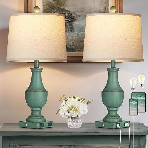 Miniatura 2 de Farmhouse Table Lamp Set of 2, Rustic Touch Control 3-Way Dimmable Lamps with USB A+C Charging Ports & AC Outlet, Vintage Retro Antique Bedside Lamp