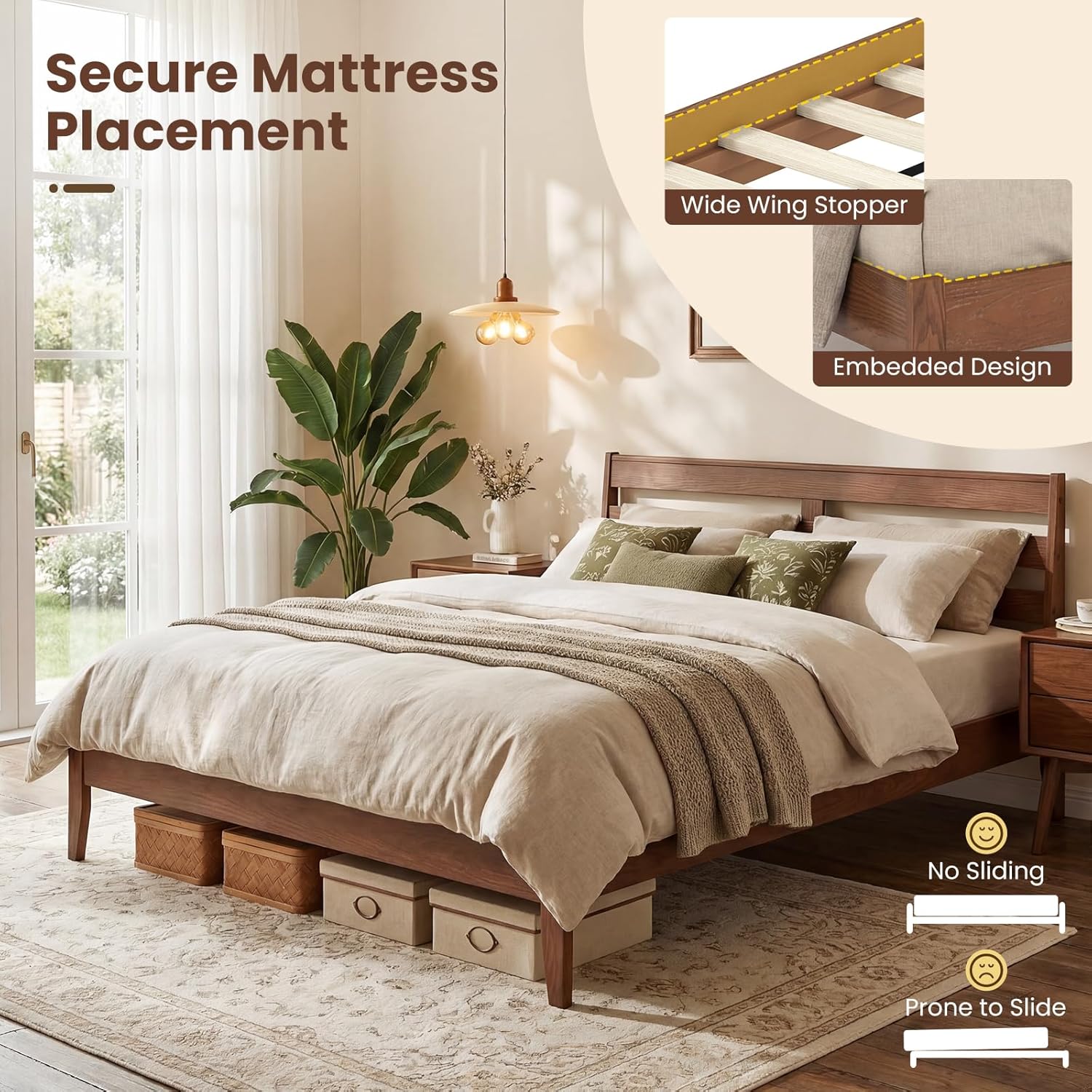 Giantex Queen Size Bed Frame with Slat Headboard, Mid-Century Wood Platform Bed, Wooden Slats Support Mattress Foundation, Under-Bed Storage Space, No Box Spring Needed, Caramel Brown