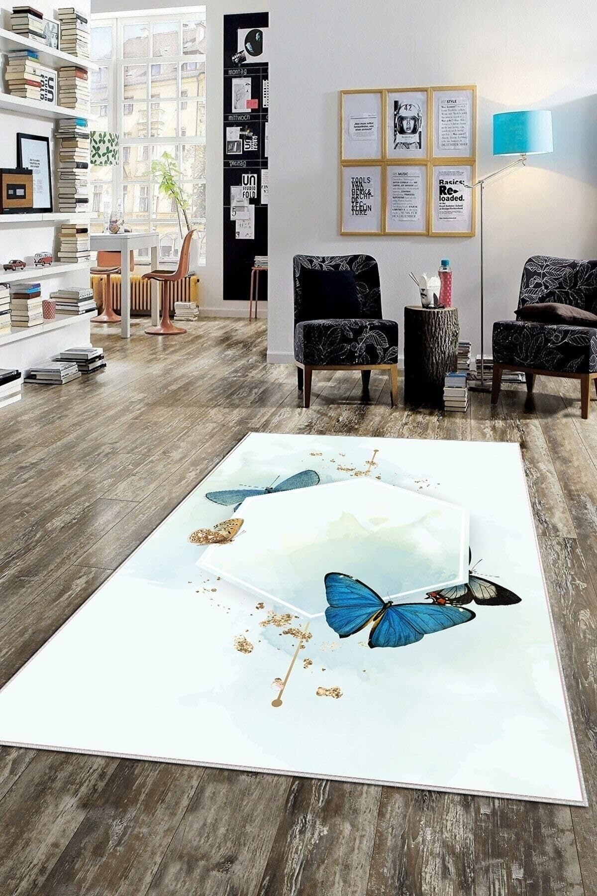 Pelangi Beyaz Zemin Kelebekli Yıkanabilir Kaymaz Taban Leke Tutmaz Modern Salon Halısı Ve Yolluk, Beyaz 40 x 40, 74571090404005