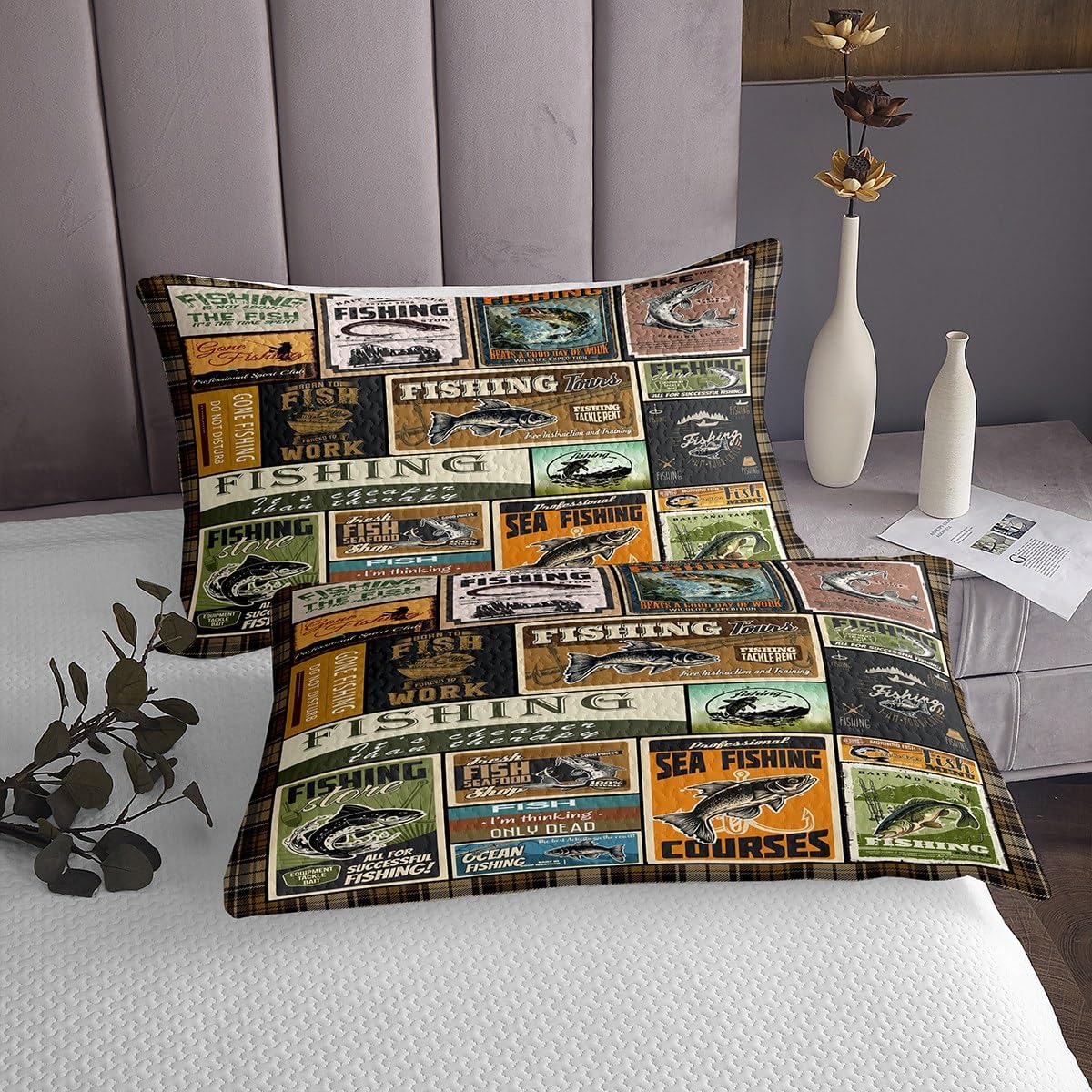 jejeloiu Fish Quilted Coverlet Vintage Fish Stamp Pattern Bedspread for Boys Girls Children Fishing and Hunting Brown Green Coverlet Set Room Decor King Size with 2 Pillow Case