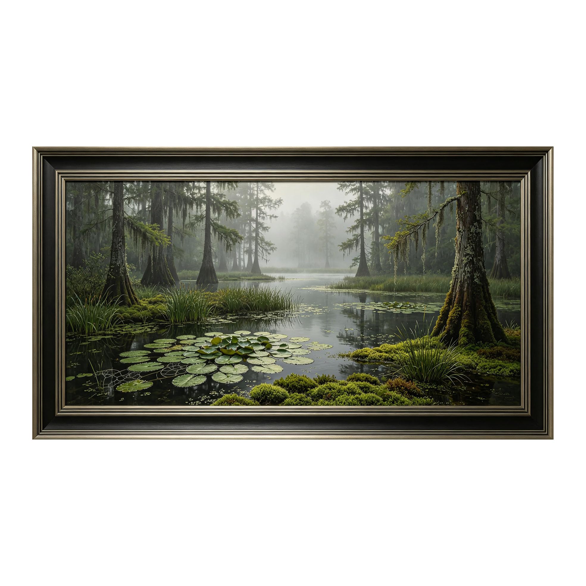 Yzpallescene 3D Framed Wall Art 50cm×100cm Misty Swamp Forest Lake Panoramic Impressionist Oil Painting Large Size SelfAdhesive Removable Wall Decor Prints Artwork for Living Room Bedroom Office
