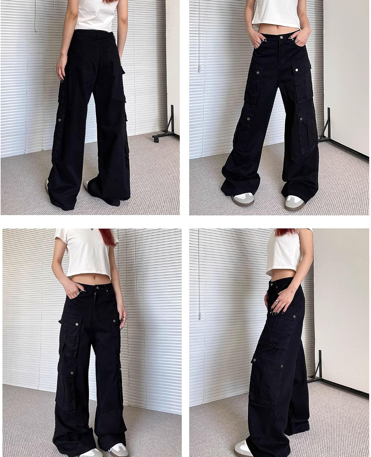 MEINVQIAOTI Streetwear Retro Multi Pocket Baggy Cargo Jeans for Women High Waist Tactical Jogger Cargo Pants for Women