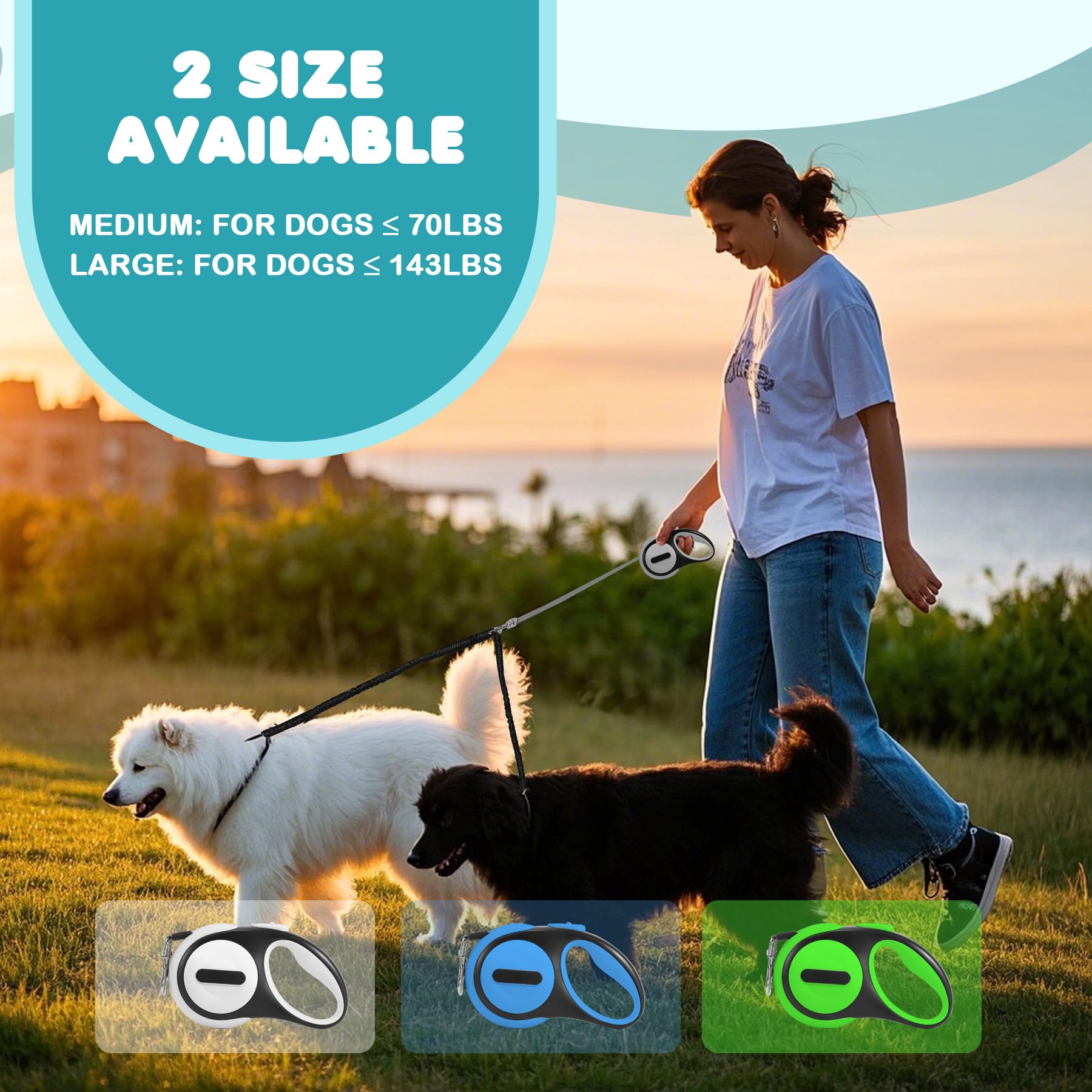 Laisse double rétractable pour 2 grands chiens (jusqu'à 65 kg chacune), laisse à 2 têtes avec sacs à déjections canines et lumière LED rechargeable, pivot sans nœuds, verrouillage à un bouton (vert