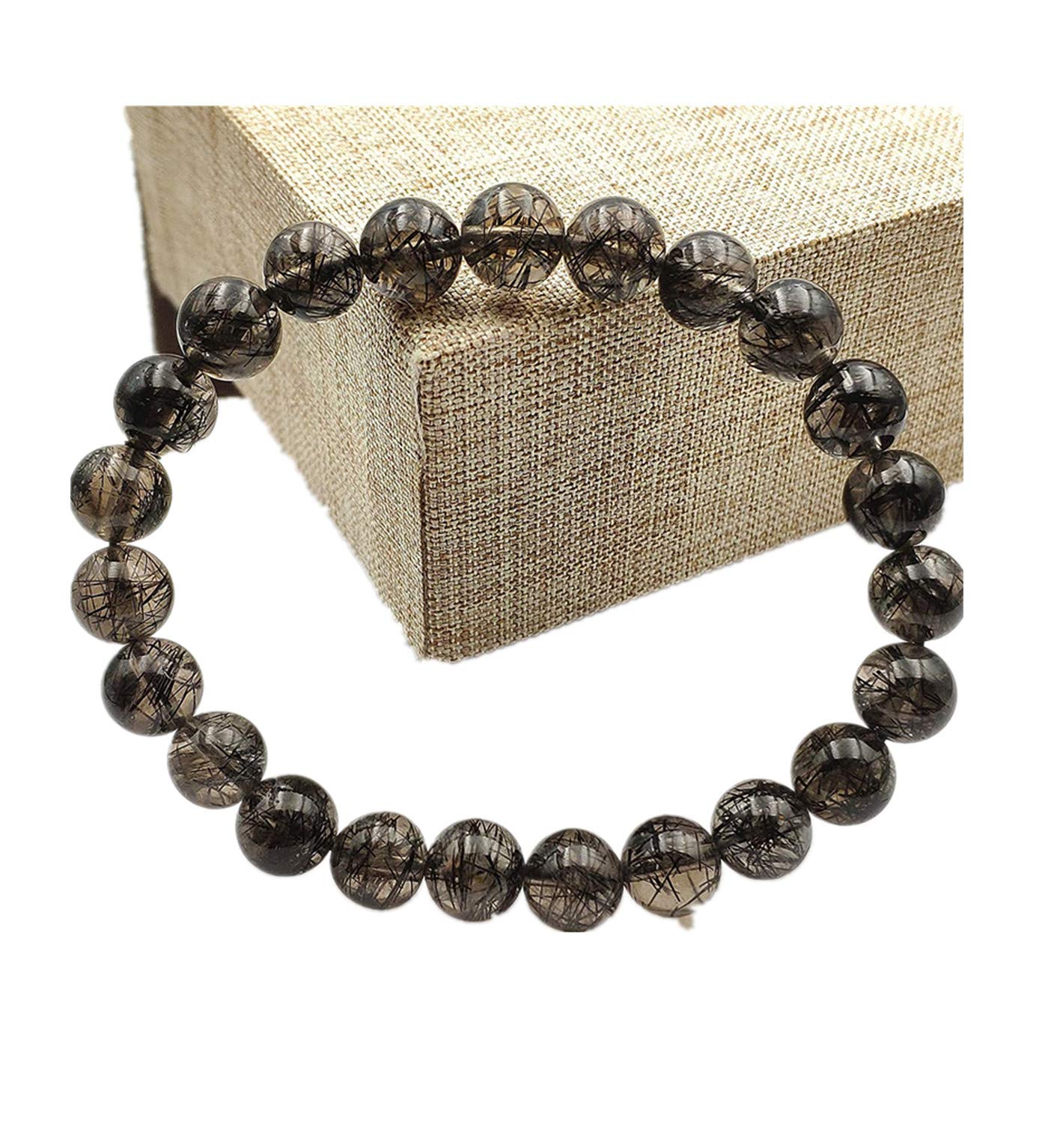 Muko Gemstone8mm Natural Black Rutilated Quartz Crystal Clear Round Beads Women Men Bracelet AAAA