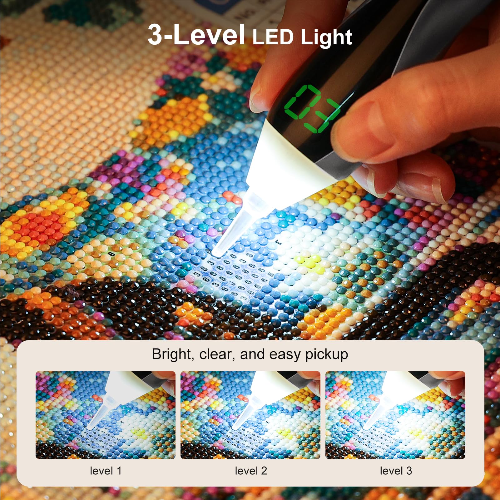 PP OPOUNT Elektrischer Diamond Painting Stift Silber mit LED Licht & Display, 3 Saugstufen, Kabellos & Wiederaufladbar, Leiser Vacuum Stift, Ergonomisches Diamond Painting Zubehör für Erwachsene