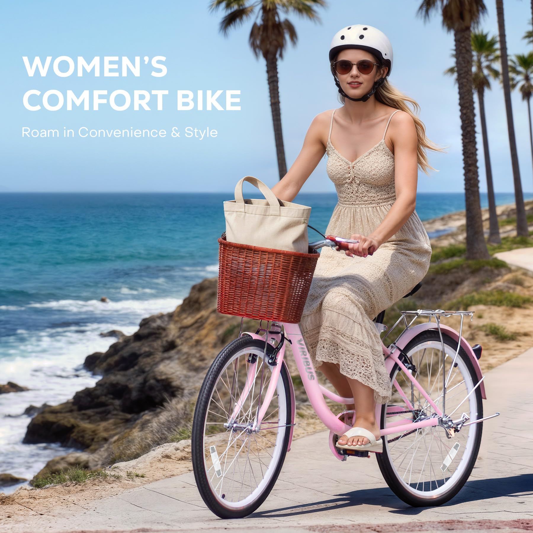 VIRIBUS Beach Cruiser Bike for Women, 24 inch Womens Bike with Basket & Rack 1 Speed, Retro Step Through Cruiser Bicycle for Petite Short Women Female Ladies City Commuter, Dark