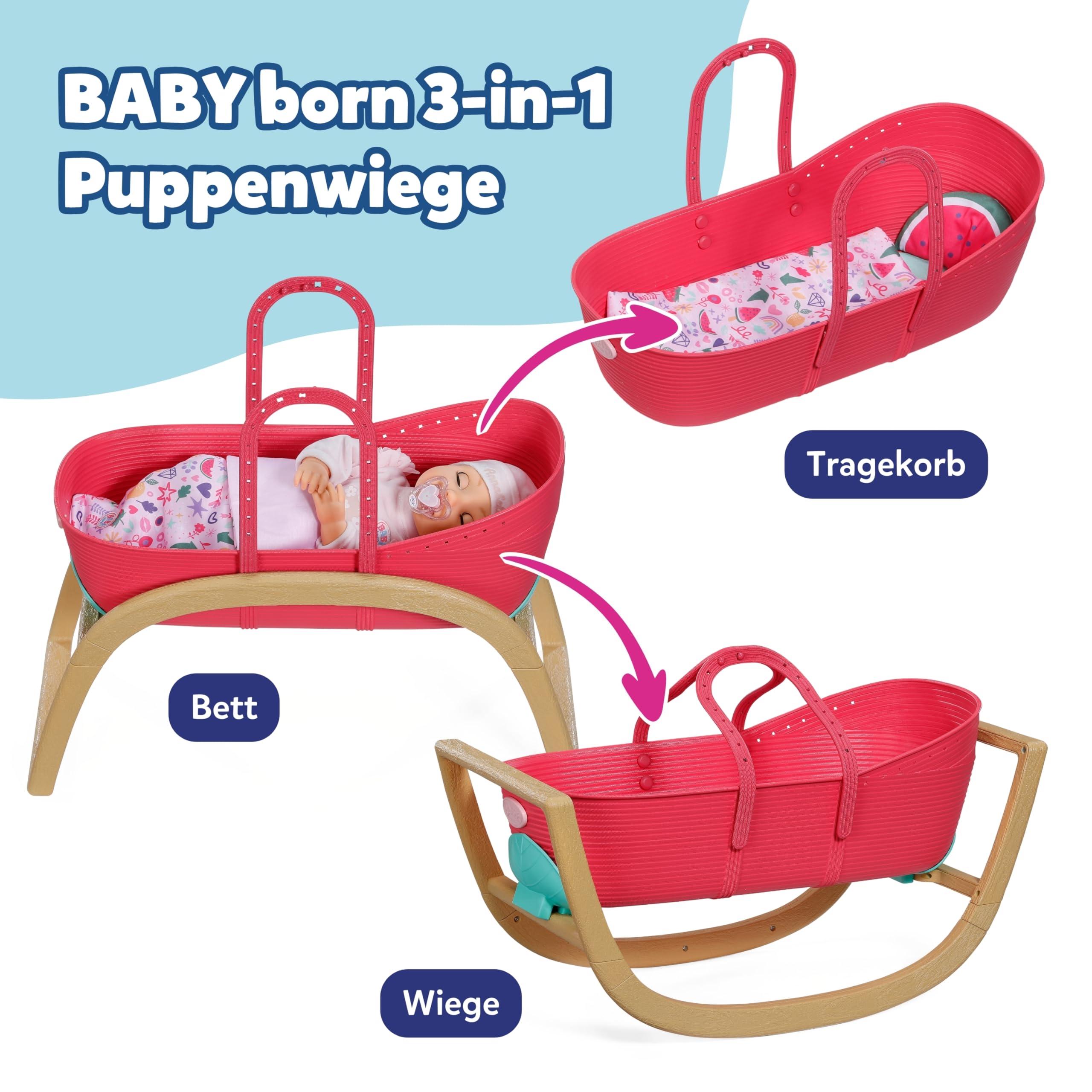 BABY born 3 in 1 Wiege Pinplay, Puppenbett, Wiege und Trage mit Pins zum Verzieren, inkl. Bettdecke und Kopfkissen