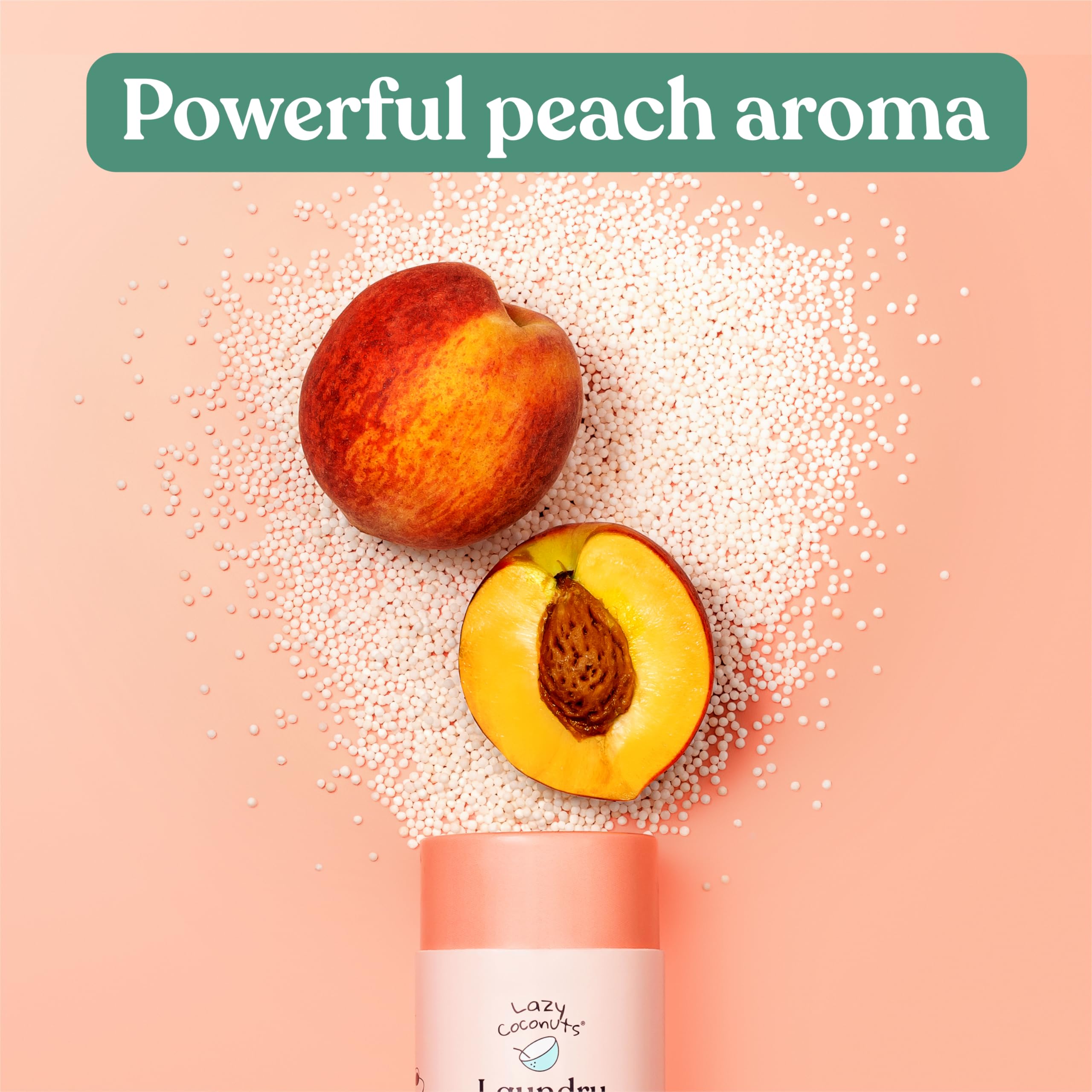Lazy Coconuts Sweet Peach - Cuentas de lavandería ecológicas, sin plástico, mínimas, ingredientes naturales - Potenciadores de aroma a lavandería sin tintes, cero residuos, paquete reciclable, carbono