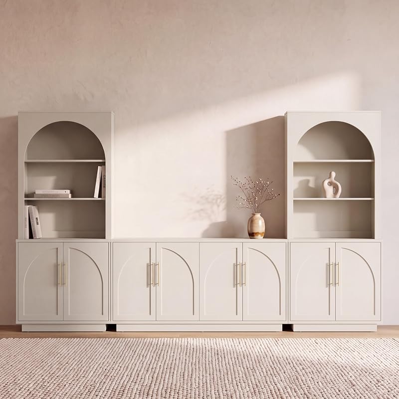 Fatmok Modular Entertainment Center, Arched Storage Wall System with Display Shelves & Hidden Storage for Living Room, Beige(HAH,3-Piece)