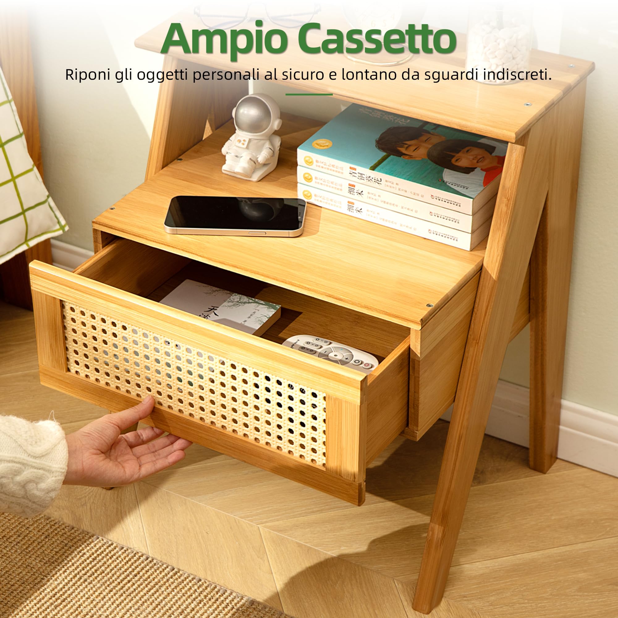 Comodino in Bambù con Cassetto, Mobile da Notte Boho | Design Trapezoidale Moderno| Tavolino Laterale per Camera, Soggiorno e Ufficio| 43x32x51 cm