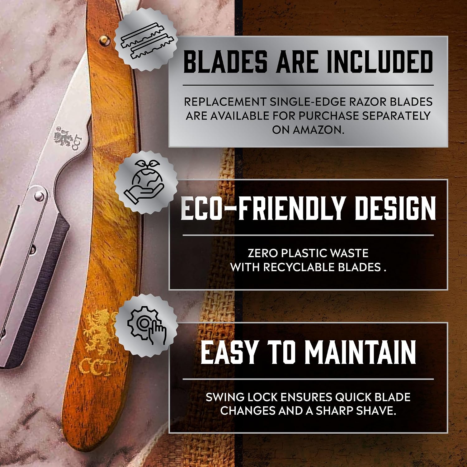 Cambridge Cutthroat Open Blade Razor for Men - Stainless Steel Handle, Swing-Lock Single Edge Cut Throat Razor with Leather Travel Pouch, Beard Shaping & Wet Shaving (10 Blades Included)
