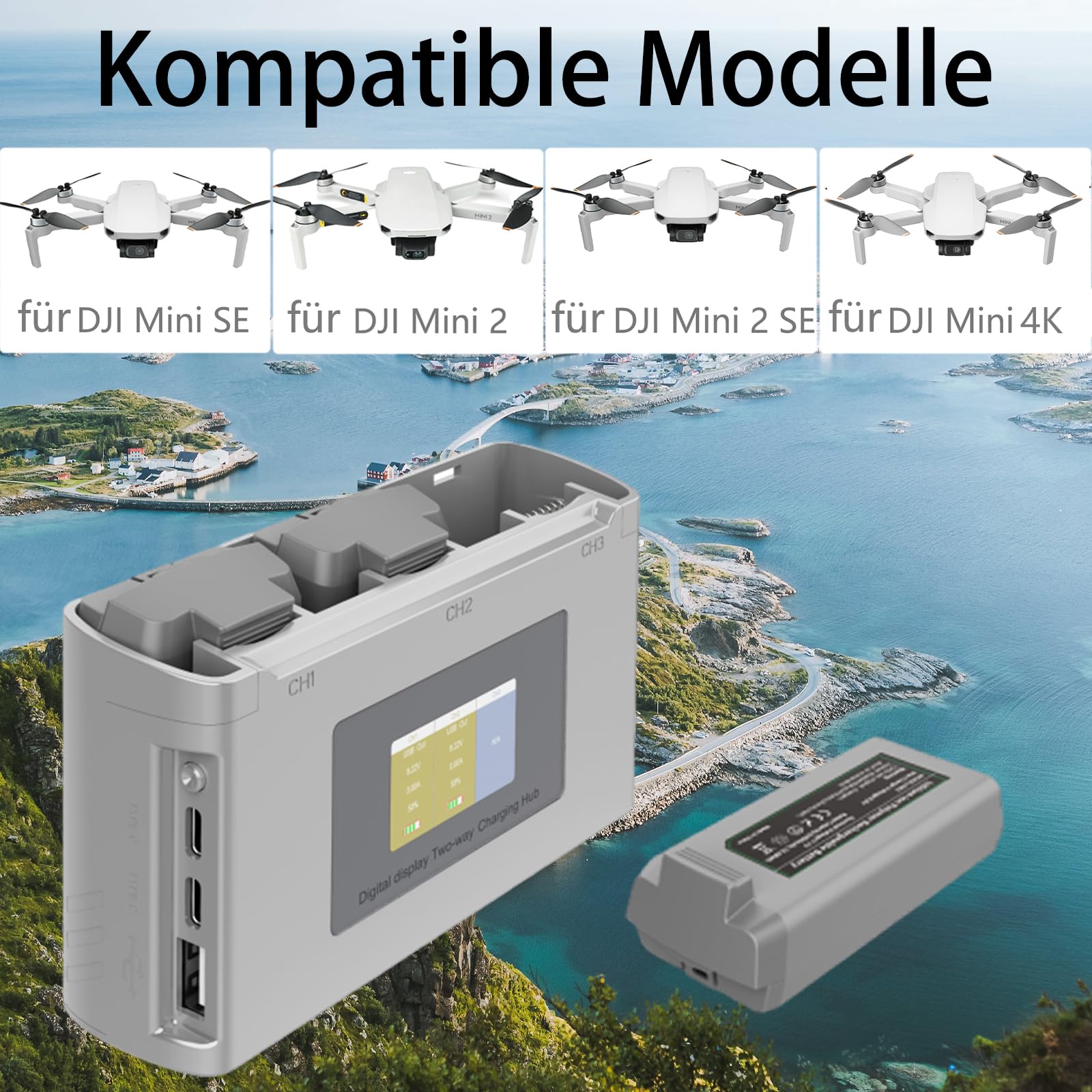 Mini 4K/ 2 Akku 2 Stück mit Ladestation, 2400mAh Intelligenter Akku für DJI Mini 2 SE/4K Drohne, LCD Anzeige Zwei-Wege-Ladestation