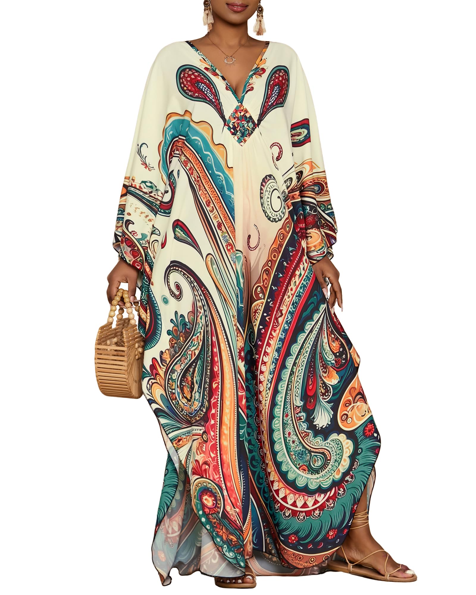 Bsubseach Kaftan Dresses for Women Ethnic Print Plus Size Beach Cover Ups Batwing Sleeve Caftans with Pockets