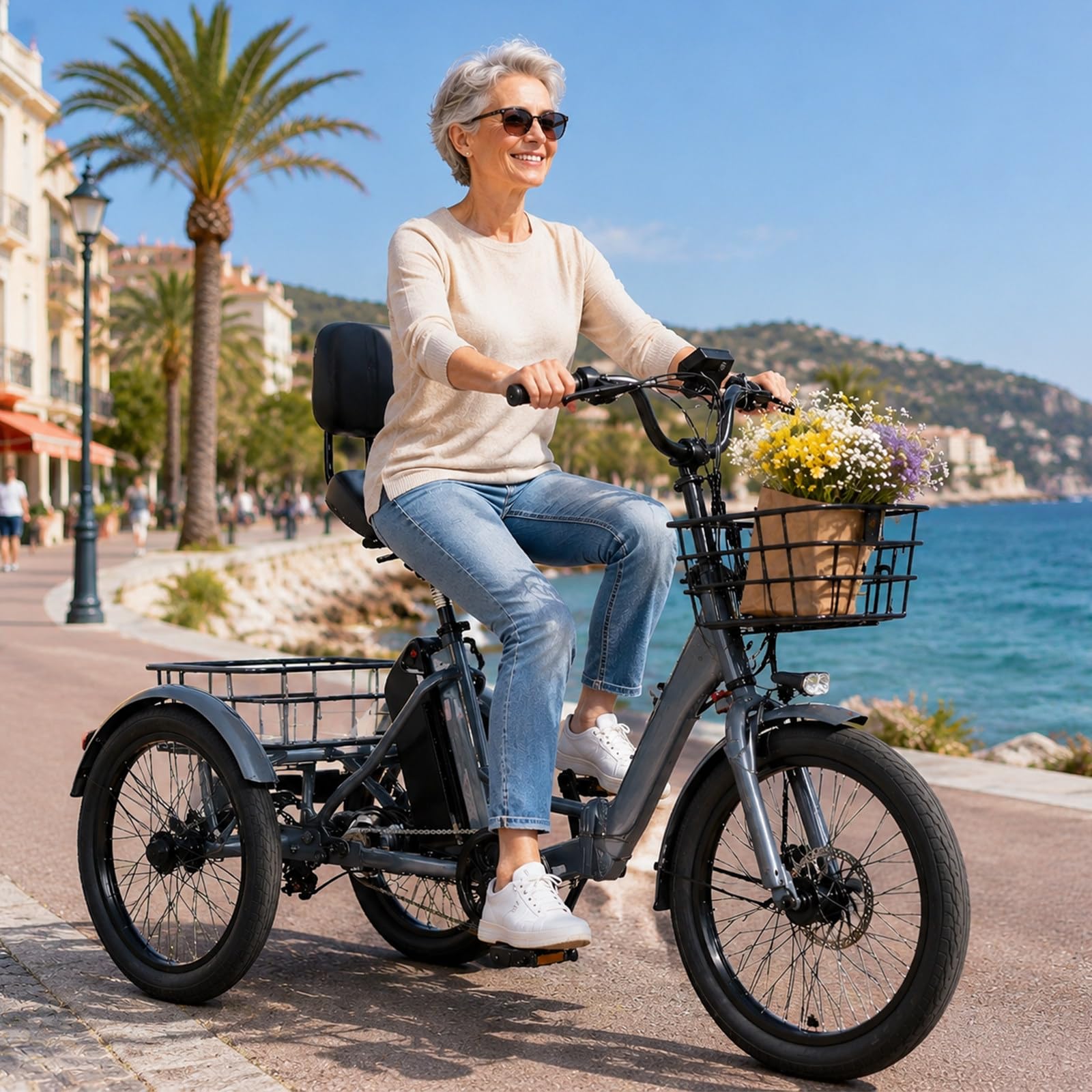 Triciclo Elettrico per Adulti 20 Pollici, Pieghevole, Telaio in Lega di Alluminio, Freni a Disco Doppi, Display LCD + Copertura Antipolvere in Tessuto 600D per Ciclismo All'Aperto Grey